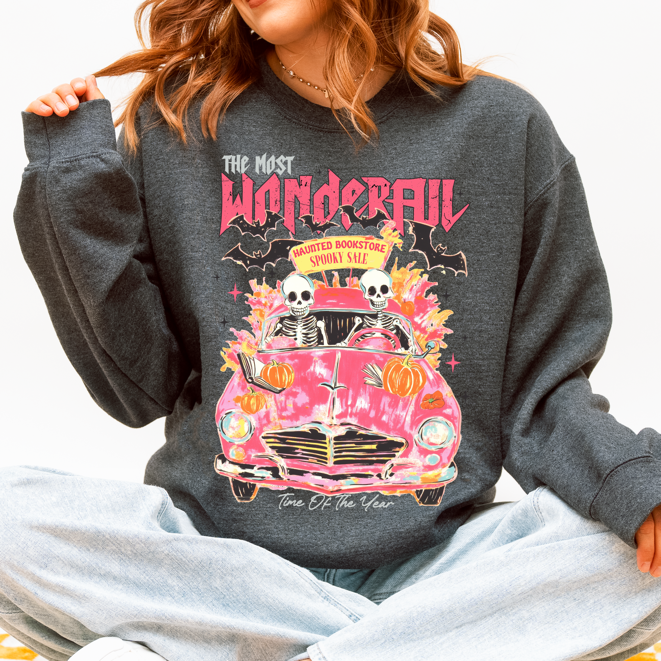 The Most Wonderful Time Of The Year Reading Skeletons Spooky Halloween Graphic Sweatshirt