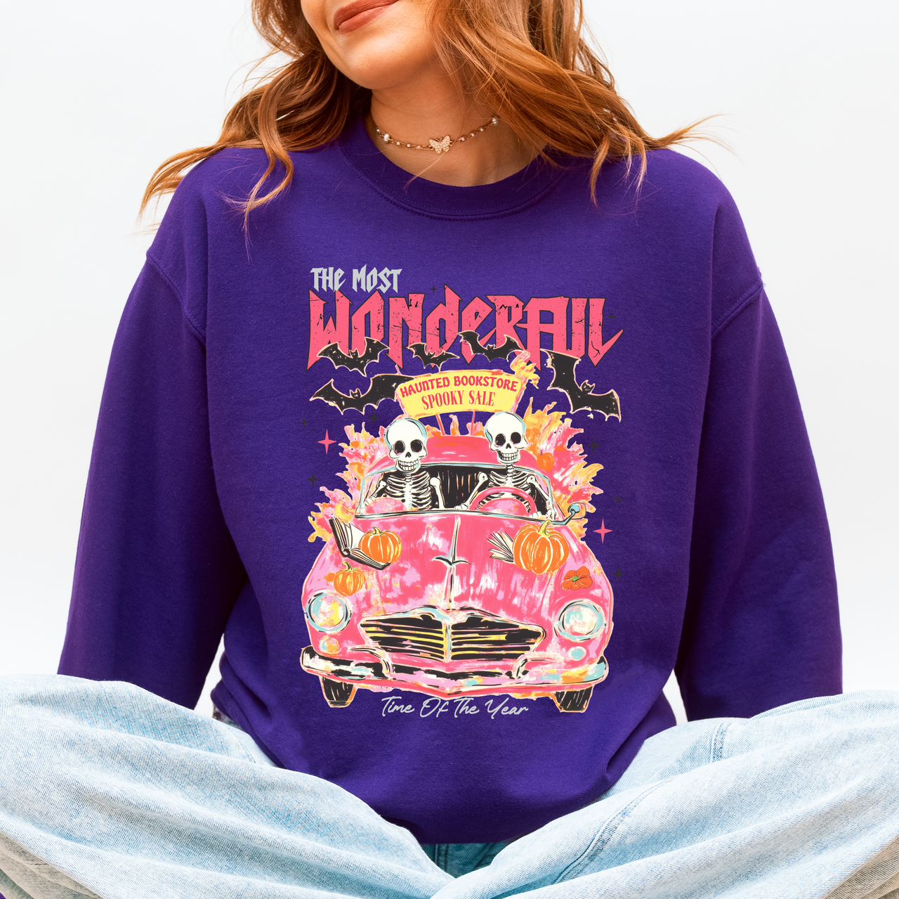 The Most Wonderful Time Of The Year Reading Skeletons Spooky Halloween Graphic Sweatshirt