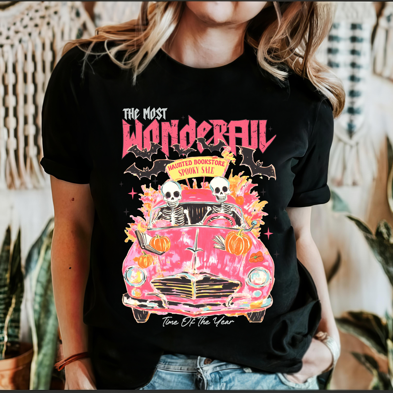 The Most Wonderful Time Of The Year Reading Skeletons Spooky Pink Halloween Graphic Tee