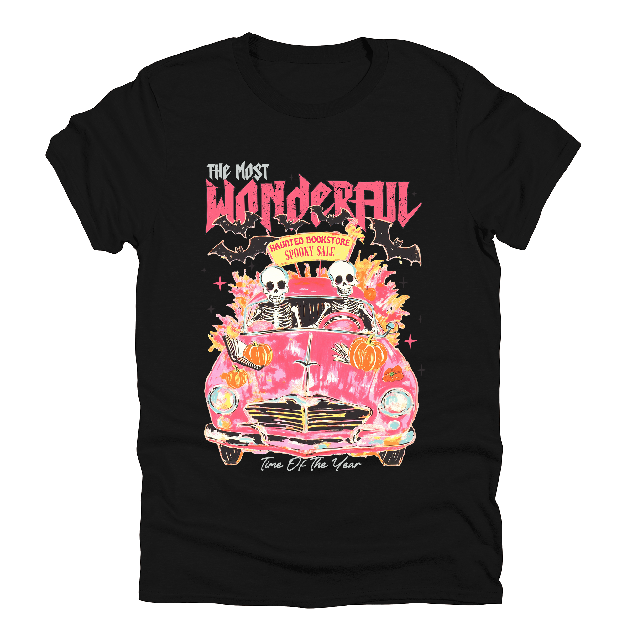 The Most Wonderful Time Of The Year Reading Skeletons Spooky Pink Halloween Graphic Tee