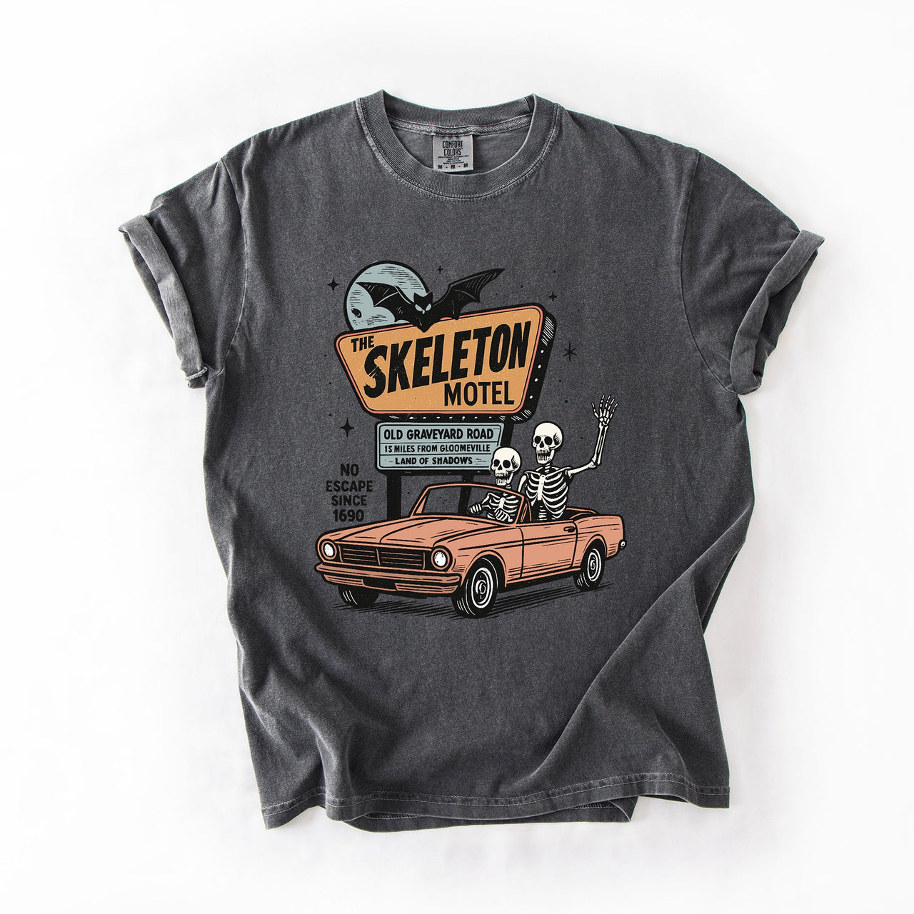 The Skeleton Motel Reading Skeletons Spooky Halloween Graphic Comfort Colors Tee