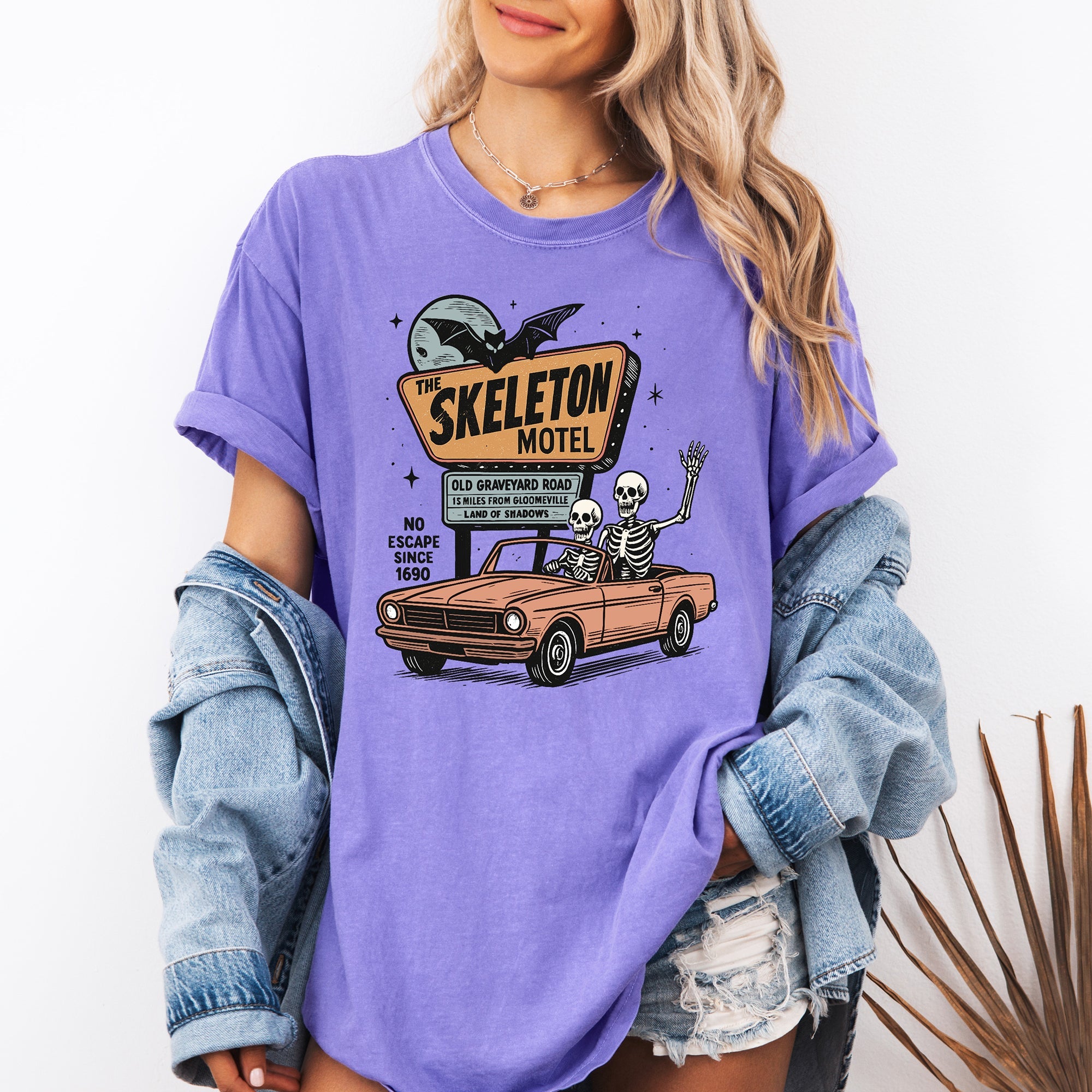 The Skeleton Motel Reading Skeletons Spooky Halloween Graphic Comfort Colors Tee