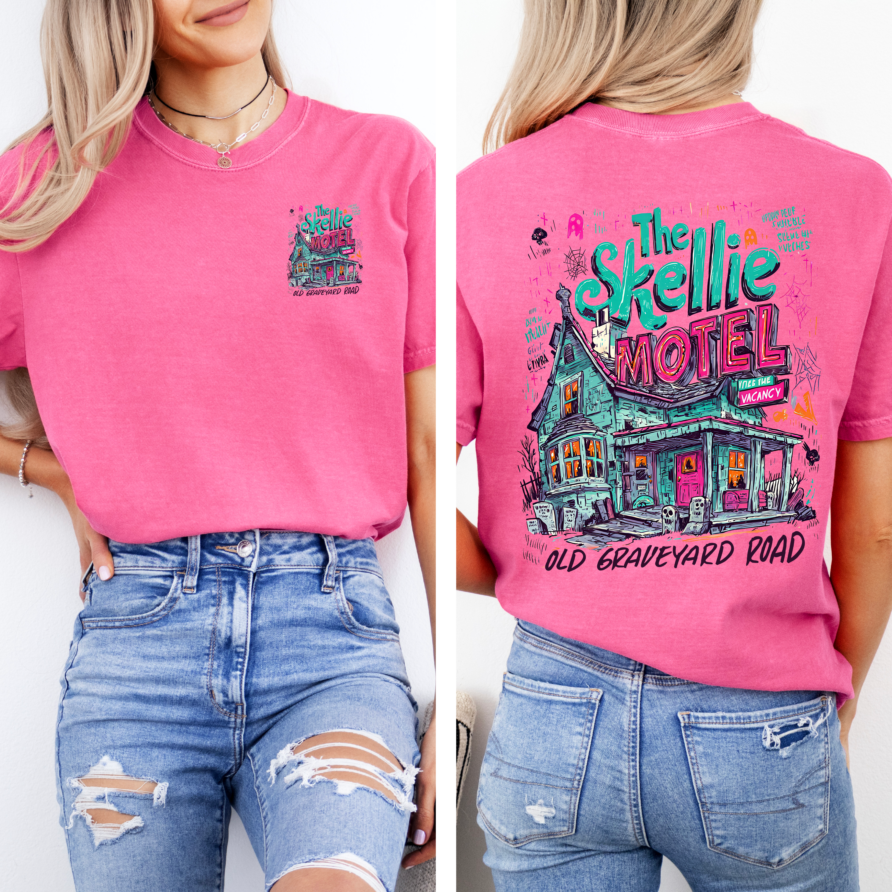 The Skellie Motel Haunted House Front And Back Design With Bats Ghosts And Witches Comfort Colors Tee