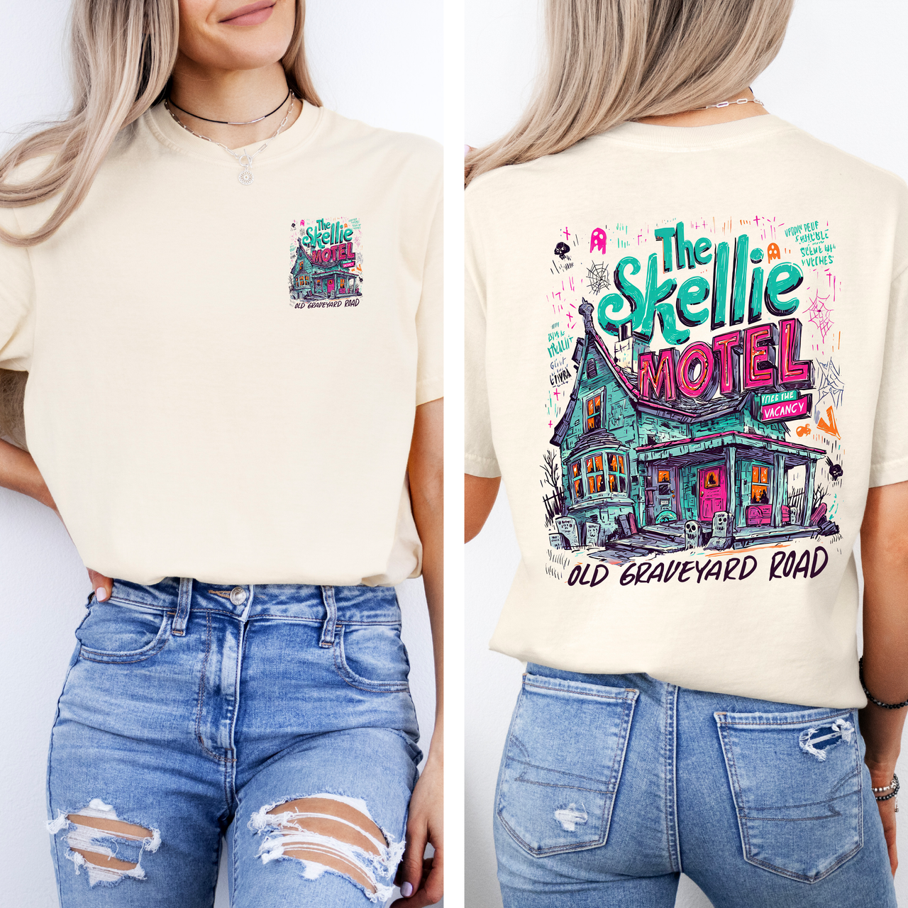 The Skellie Motel Haunted House Front And Back Design With Bats Ghosts And Witches Comfort Colors Tee