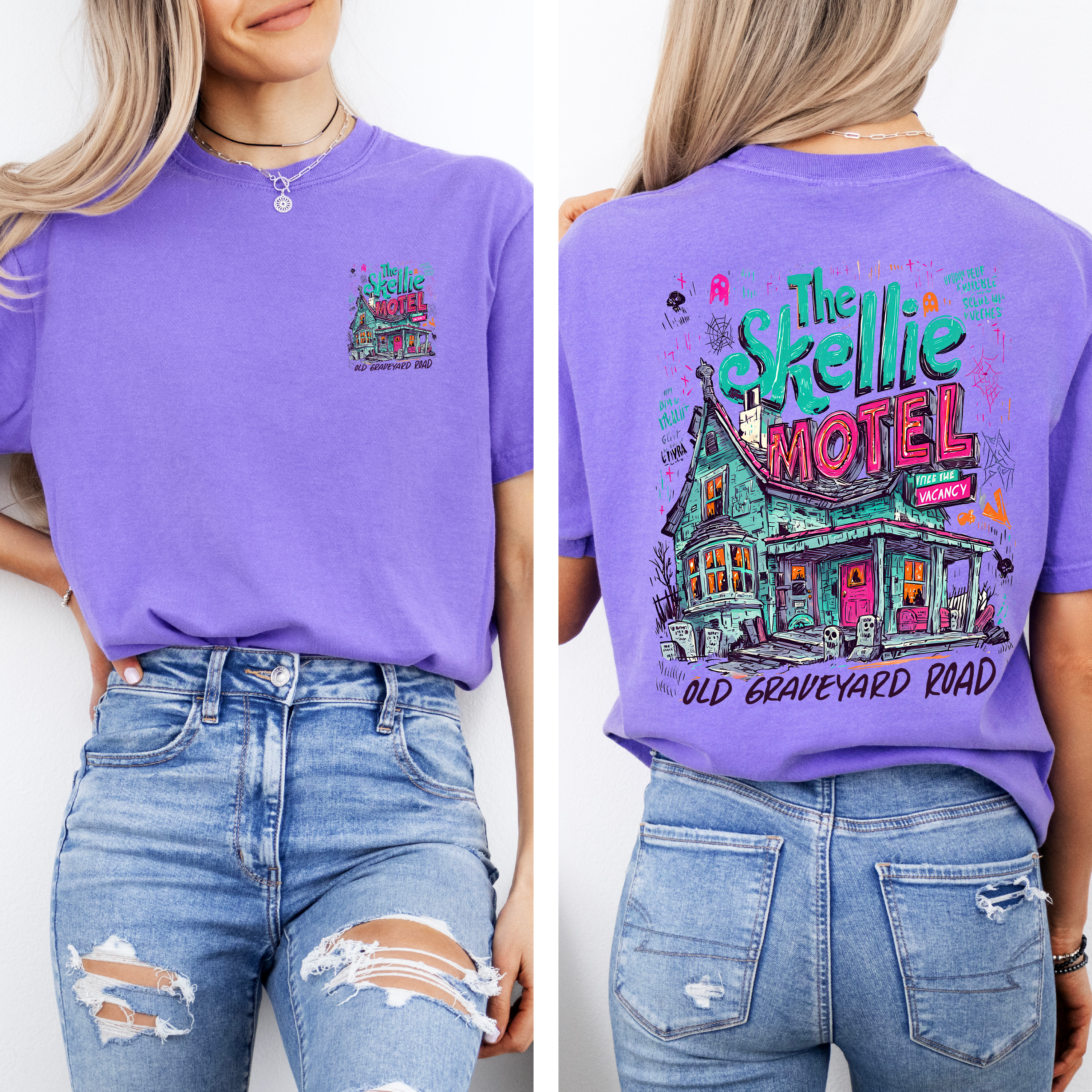 The Skellie Motel Haunted House Front And Back Design With Bats Ghosts And Witches Comfort Colors Tee