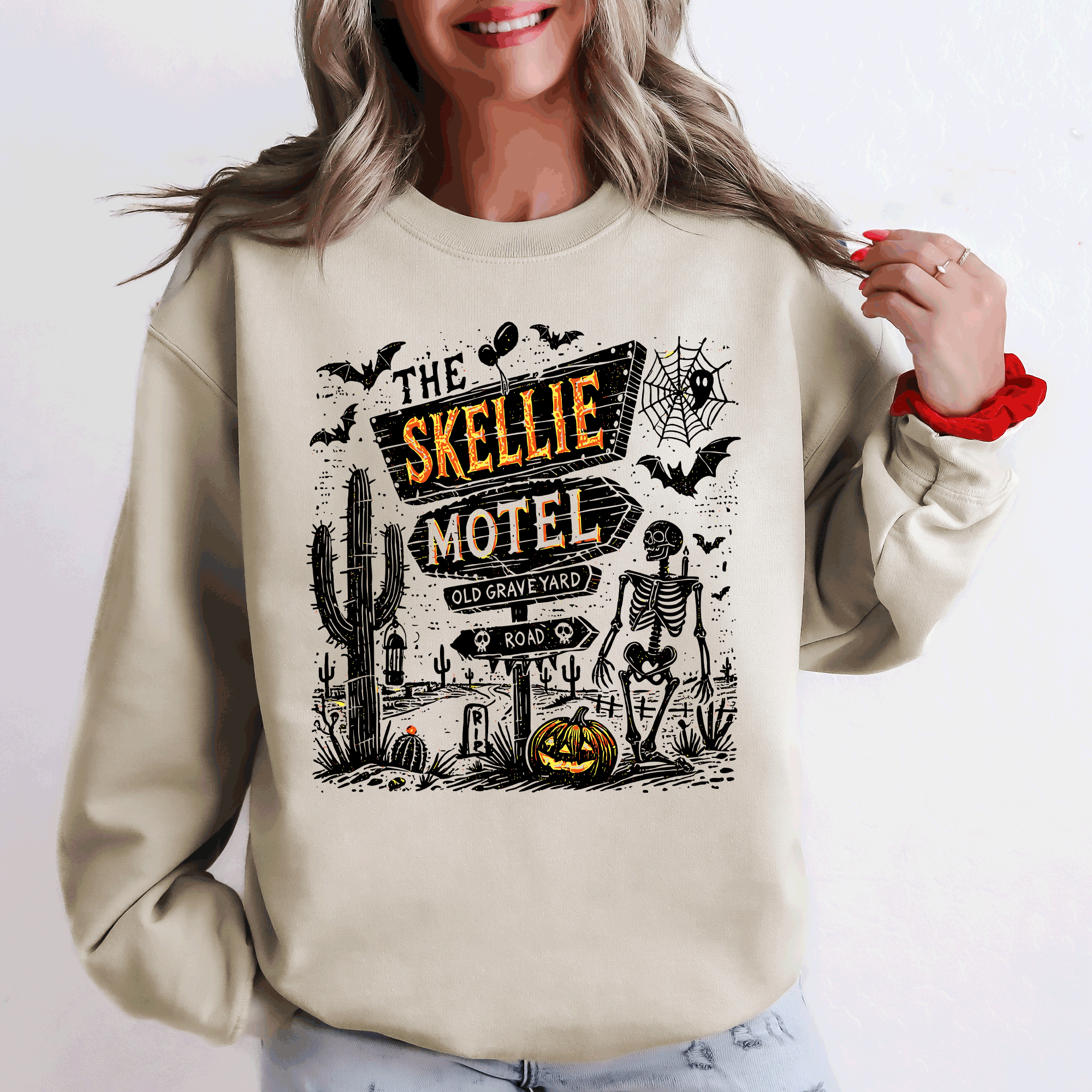 The Skellie Motel Skeleton Halloween Night Haunting Edition With Spooky Vibes And Retro Motel Aesthetic Sweatshirt