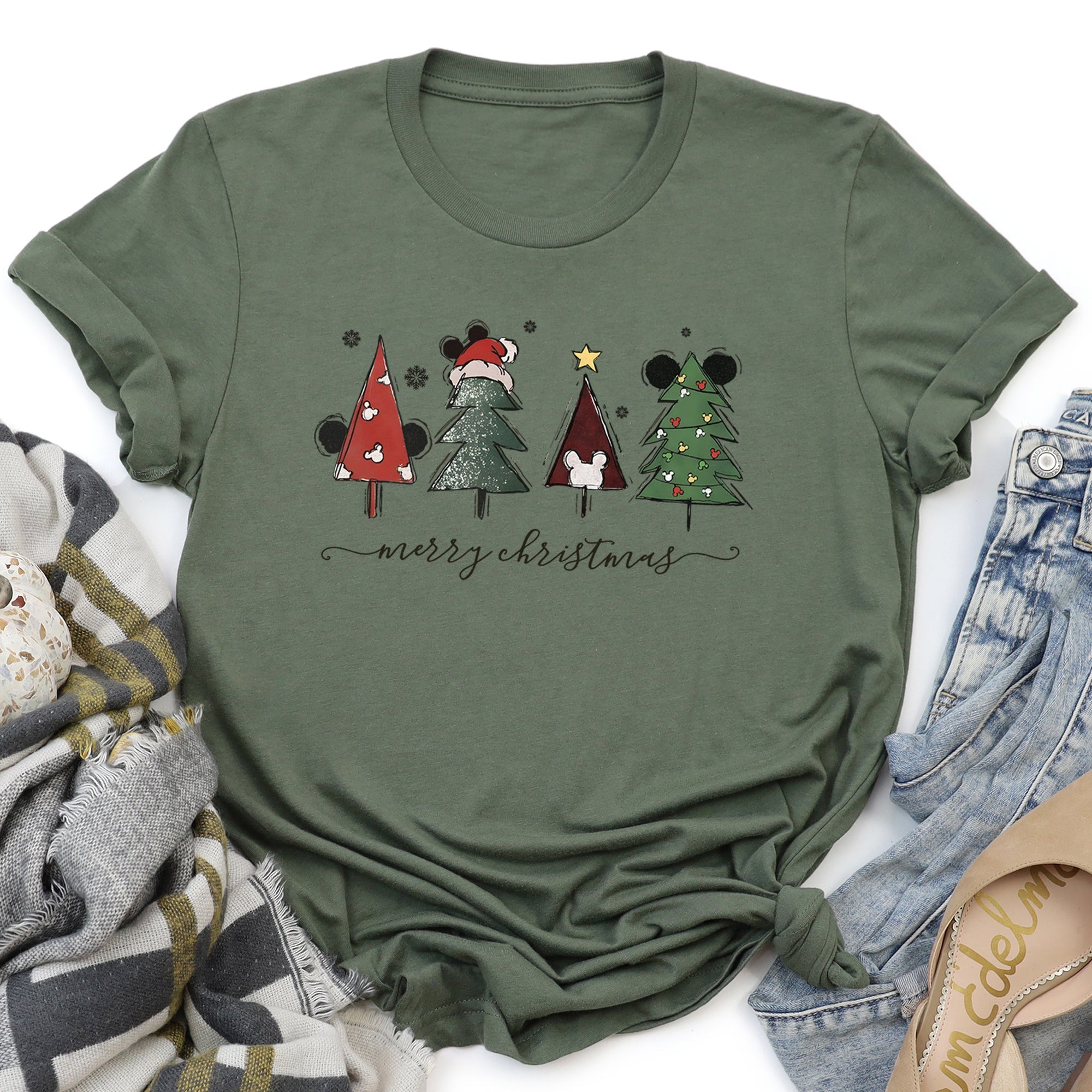 Theme Park Christmas Ears Featuring Merry Christmas Trees Mouse Artwork Graphic Tee