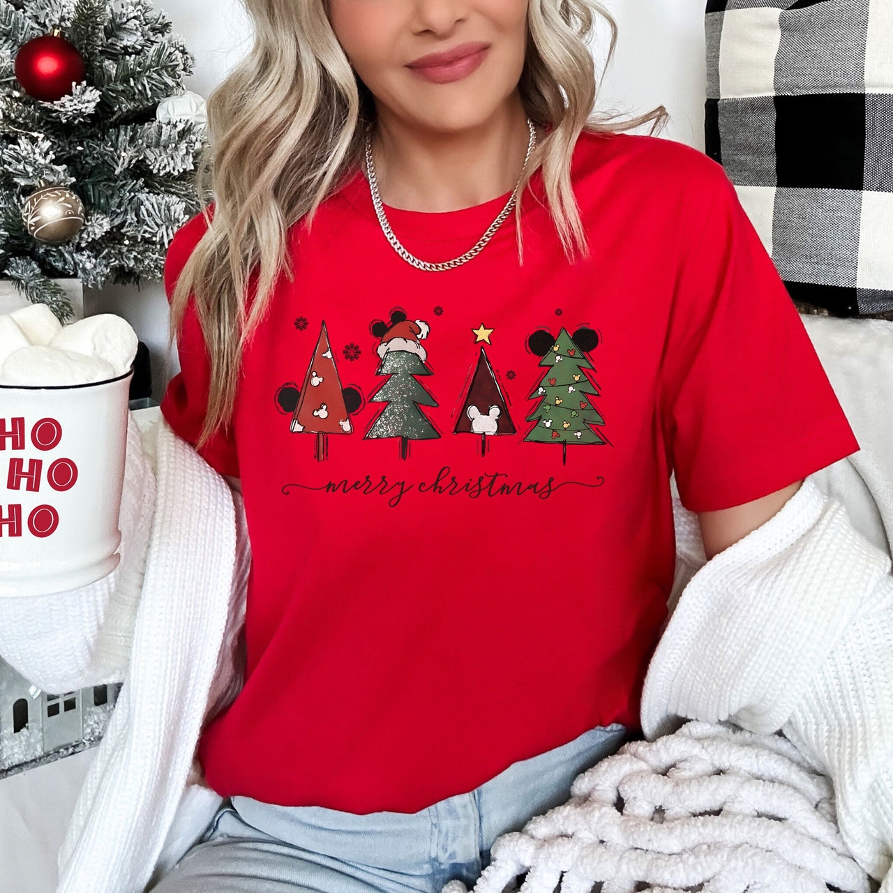 Theme Park Christmas Ears Featuring Merry Christmas Trees Mouse Artwork Graphic Tee