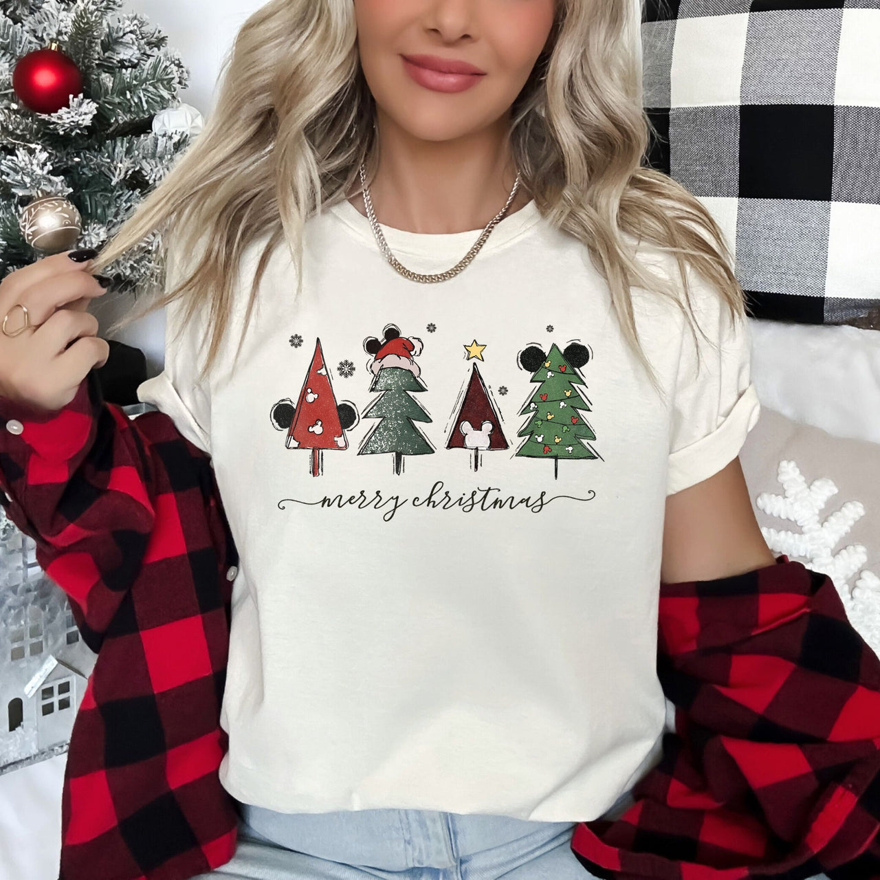 Theme Park Christmas Ears Featuring Merry Christmas Trees Mouse Artwork Graphic Tee