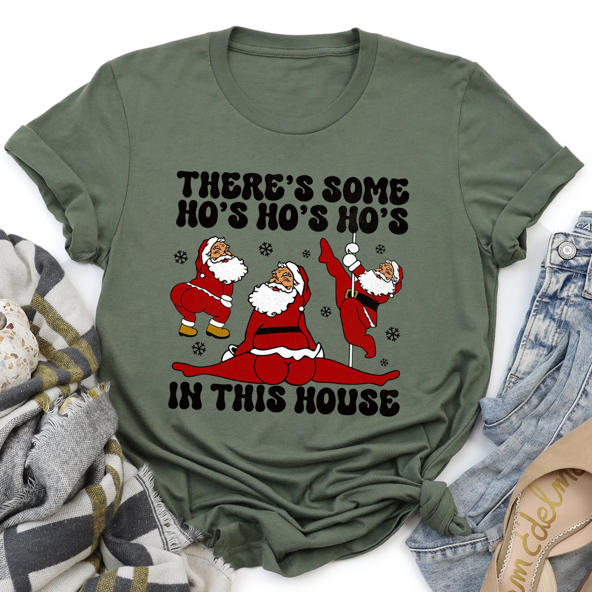 There's Some Ho's In This House Santa Dancing Twerk Retro Naughty Official Graphic Tee