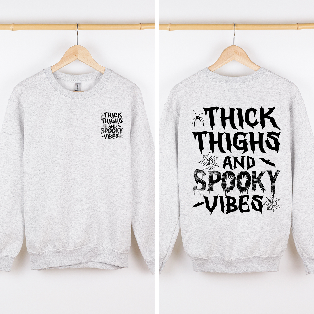 Thick Thighs Spooky Vibes Front And Back Faux Patchwork Lace Ghost Motif With Glitter Accent Halloween Edition Hoodie
