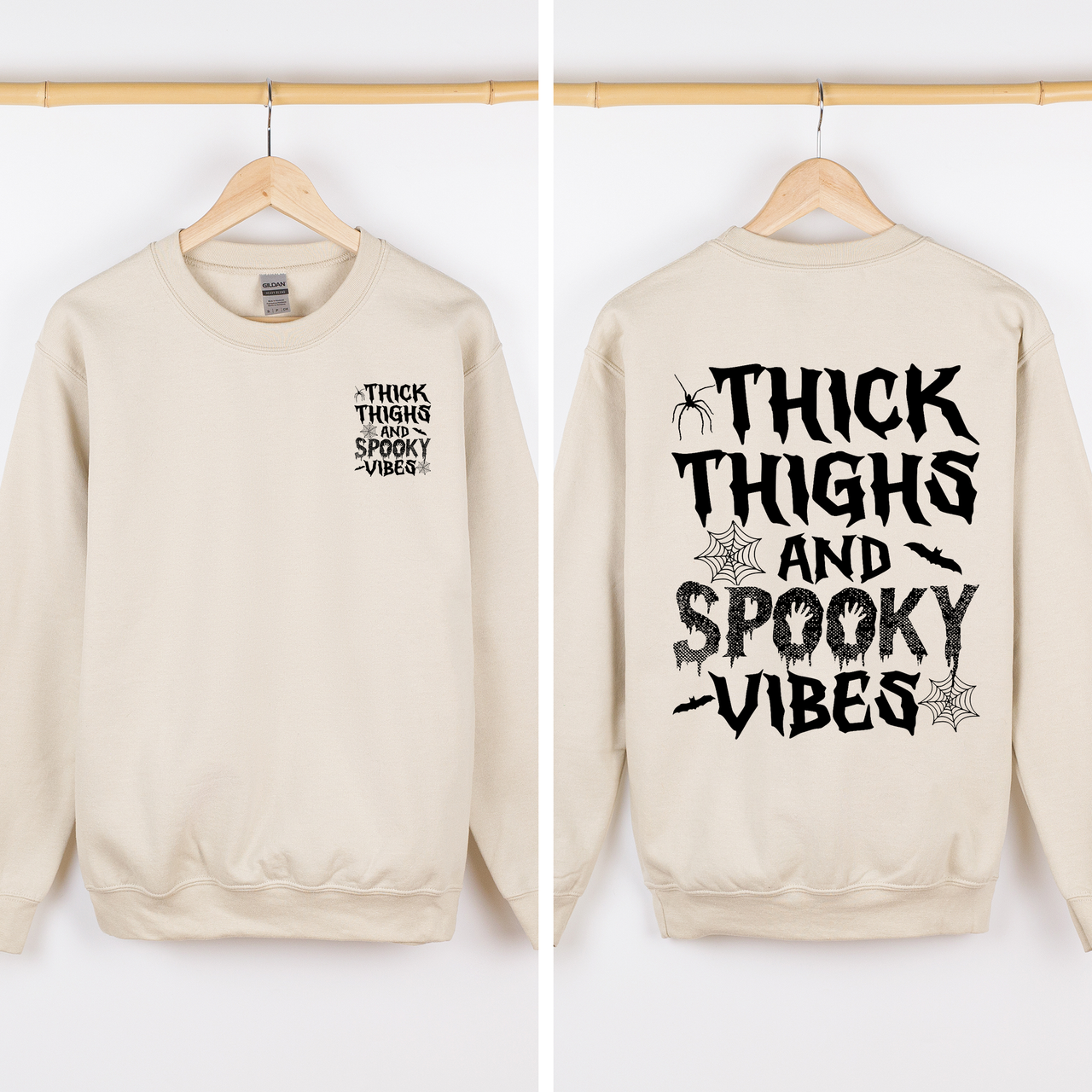 Thick Thighs Spooky Vibes Front And Back Faux Patchwork Lace Ghost Motif With Glitter Accent Halloween Edition Hoodie