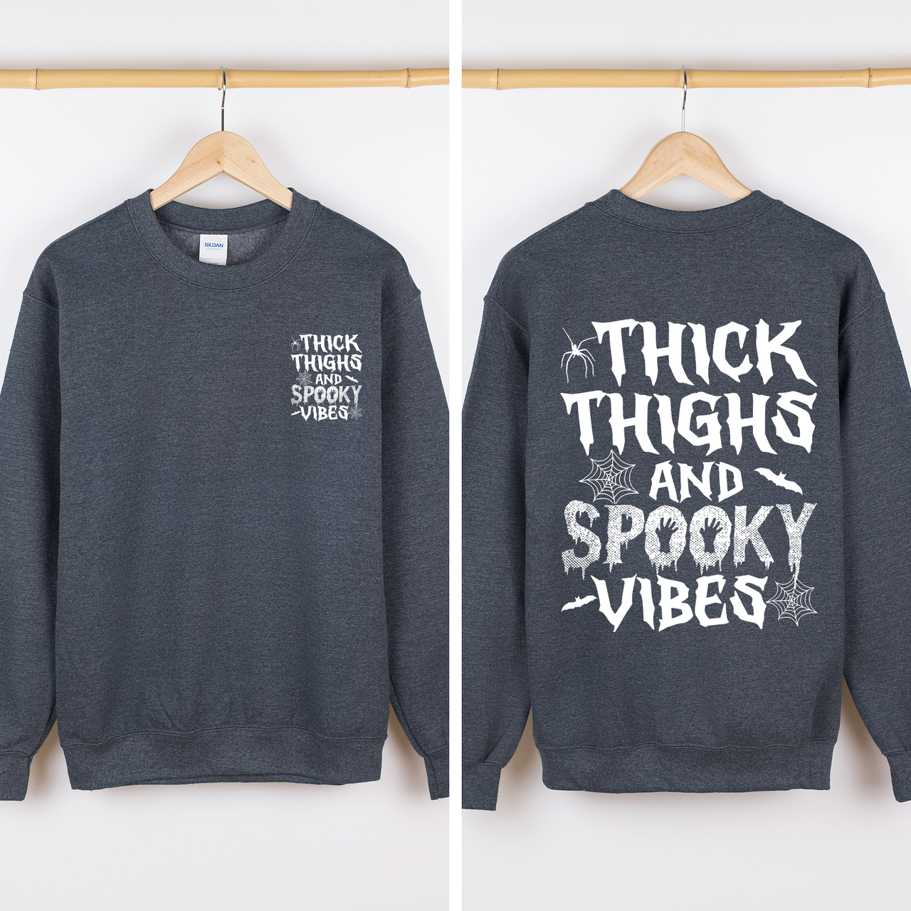 Thick Thighs Spooky Vibes Front And Back Faux Patchwork Lace Ghost Motif With Glitter Accent Halloween Edition Hoodie