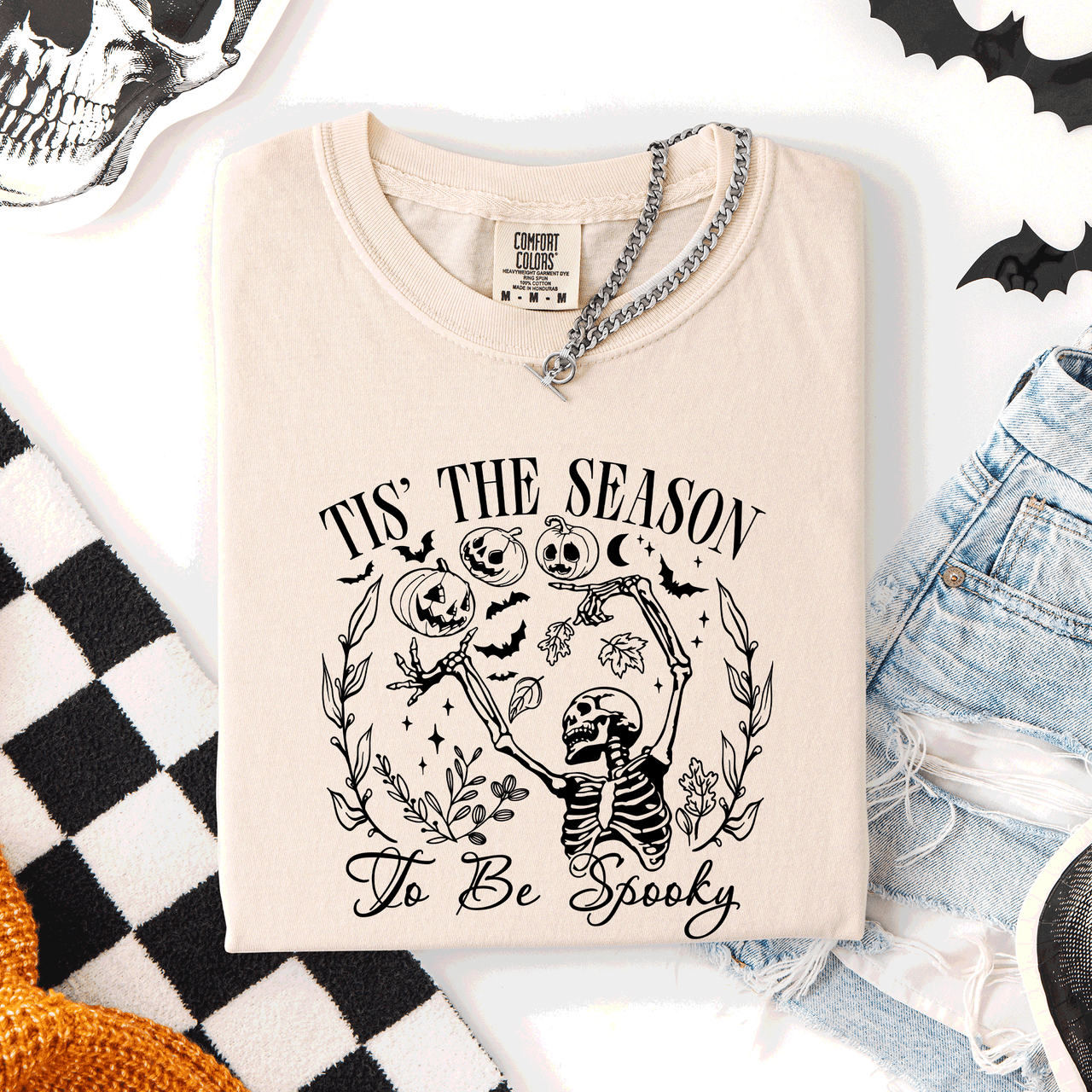 Tis The Season To Be Spooky Retro Classic Halloween Skeleton Edition Comfort Colors Tee