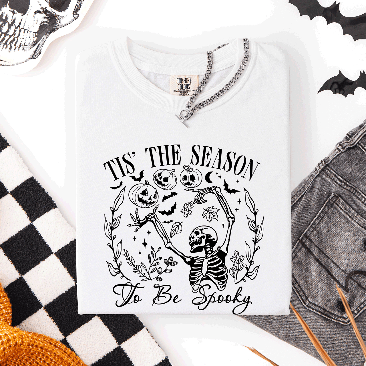 Tis The Season To Be Spooky Retro Classic Halloween Skeleton Edition Comfort Colors Tee