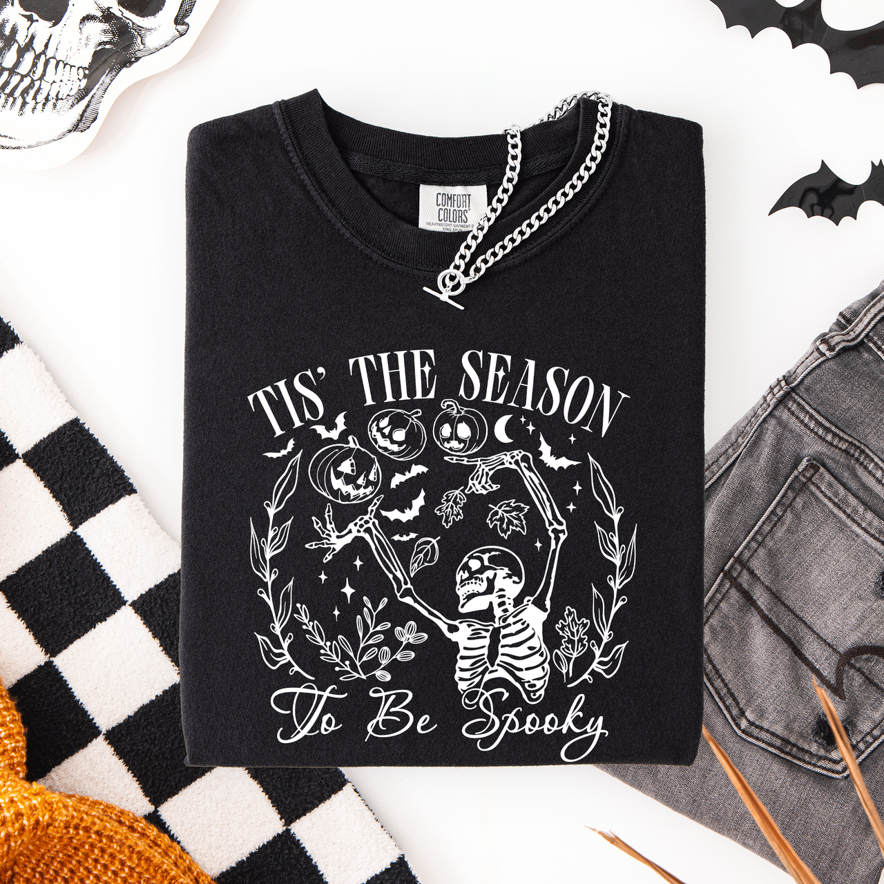 Tis The Season To Be Spooky Retro Classic Halloween Skeleton Edition Comfort Colors Tee