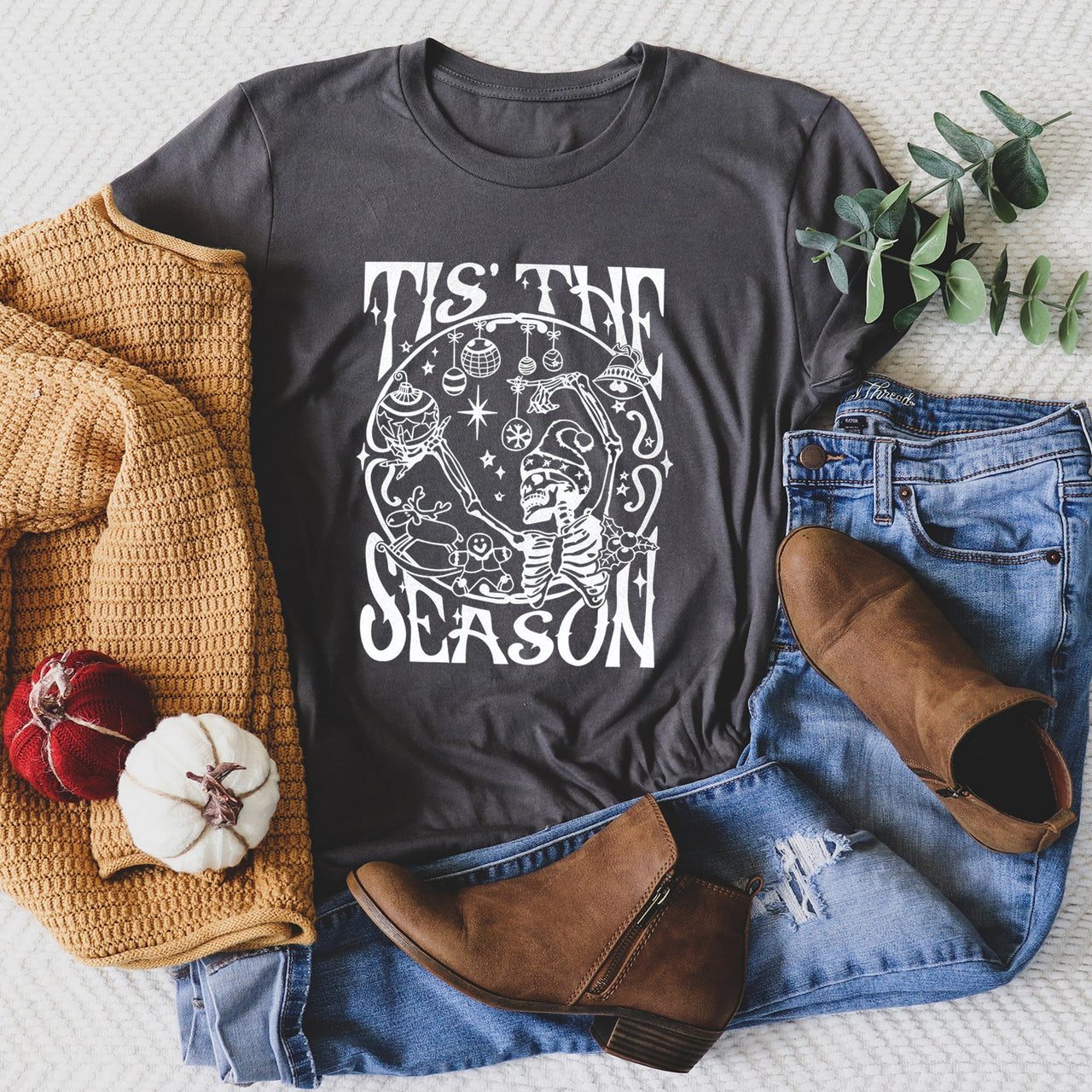 Tis The Season Christmas Skeleton Jolly Dancing Retro Vintage Holiday Cheer Graphic Tee