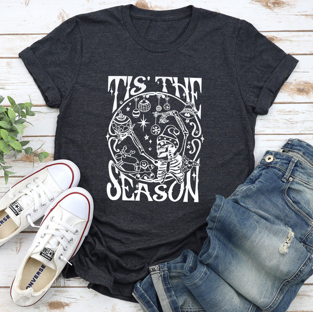 Tis The Season Christmas Skeleton Jolly Dancing Retro Vintage Holiday Cheer Graphic Tee