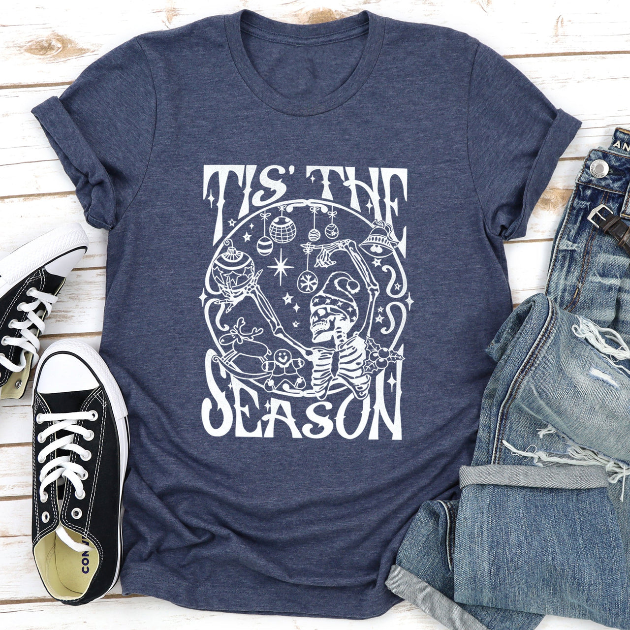 Tis The Season Christmas Skeleton Jolly Dancing Retro Vintage Holiday Cheer Graphic Tee