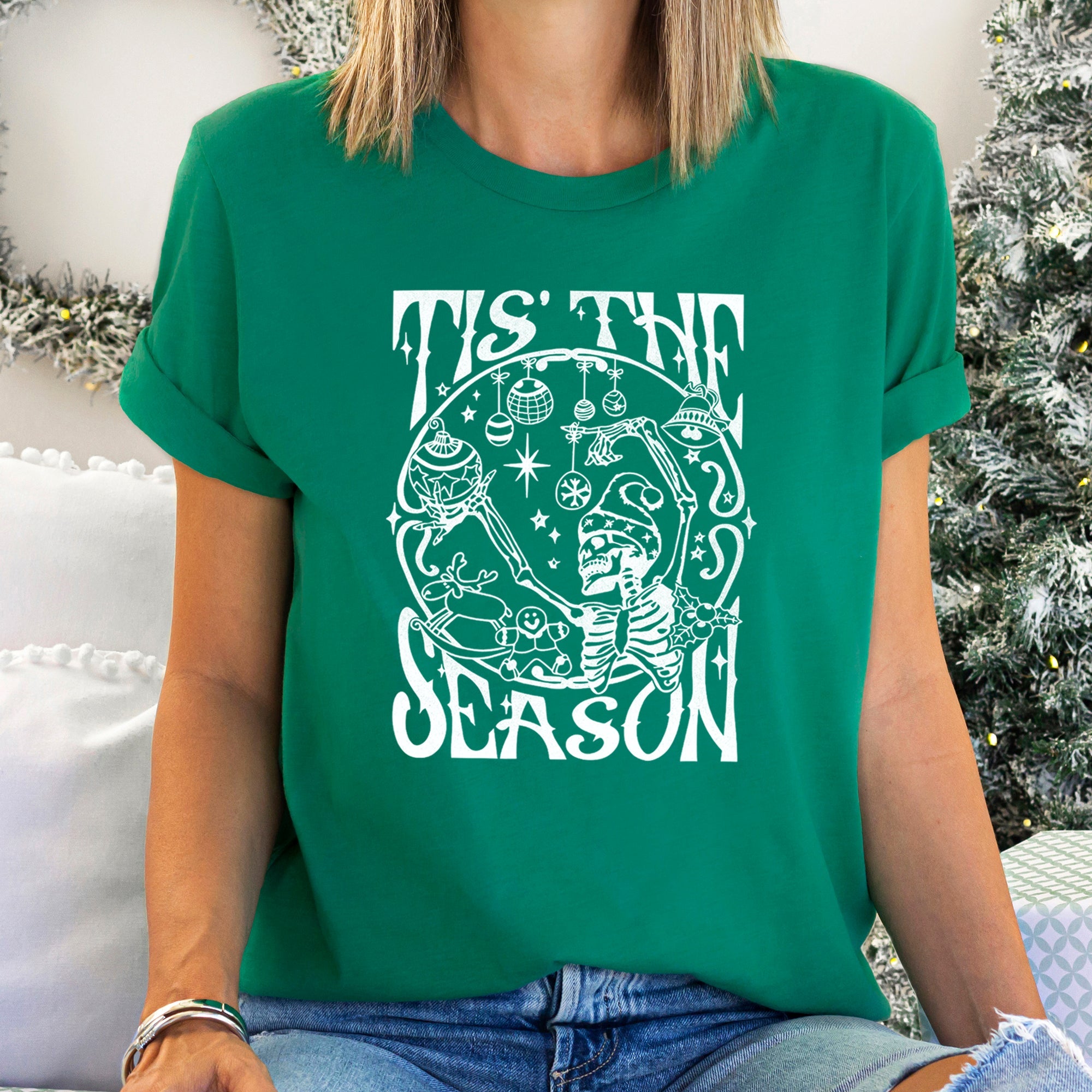 Tis The Season Christmas Skeleton Jolly Dancing Retro Vintage Holiday Cheer Graphic Tee