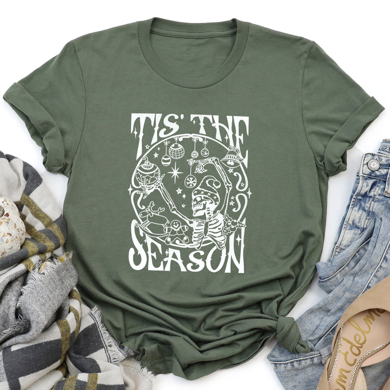 Tis The Season Christmas Skeleton Jolly Dancing Retro Vintage Holiday Cheer Graphic Tee