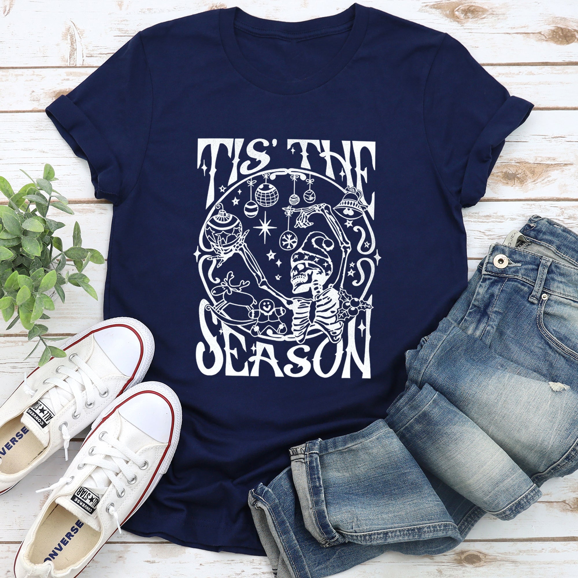 Tis The Season Christmas Skeleton Jolly Dancing Retro Vintage Holiday Cheer Graphic Tee