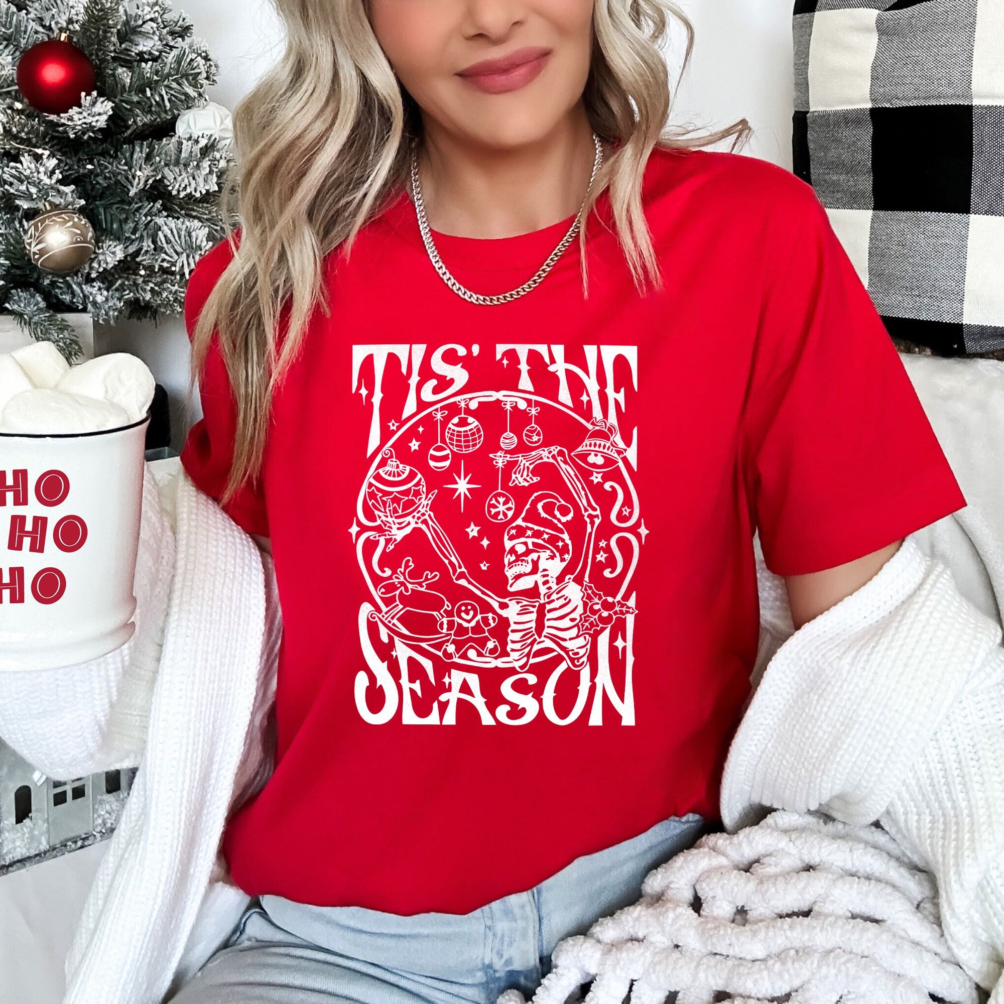 Tis The Season Christmas Skeleton Jolly Dancing Retro Vintage Holiday Cheer Graphic Tee