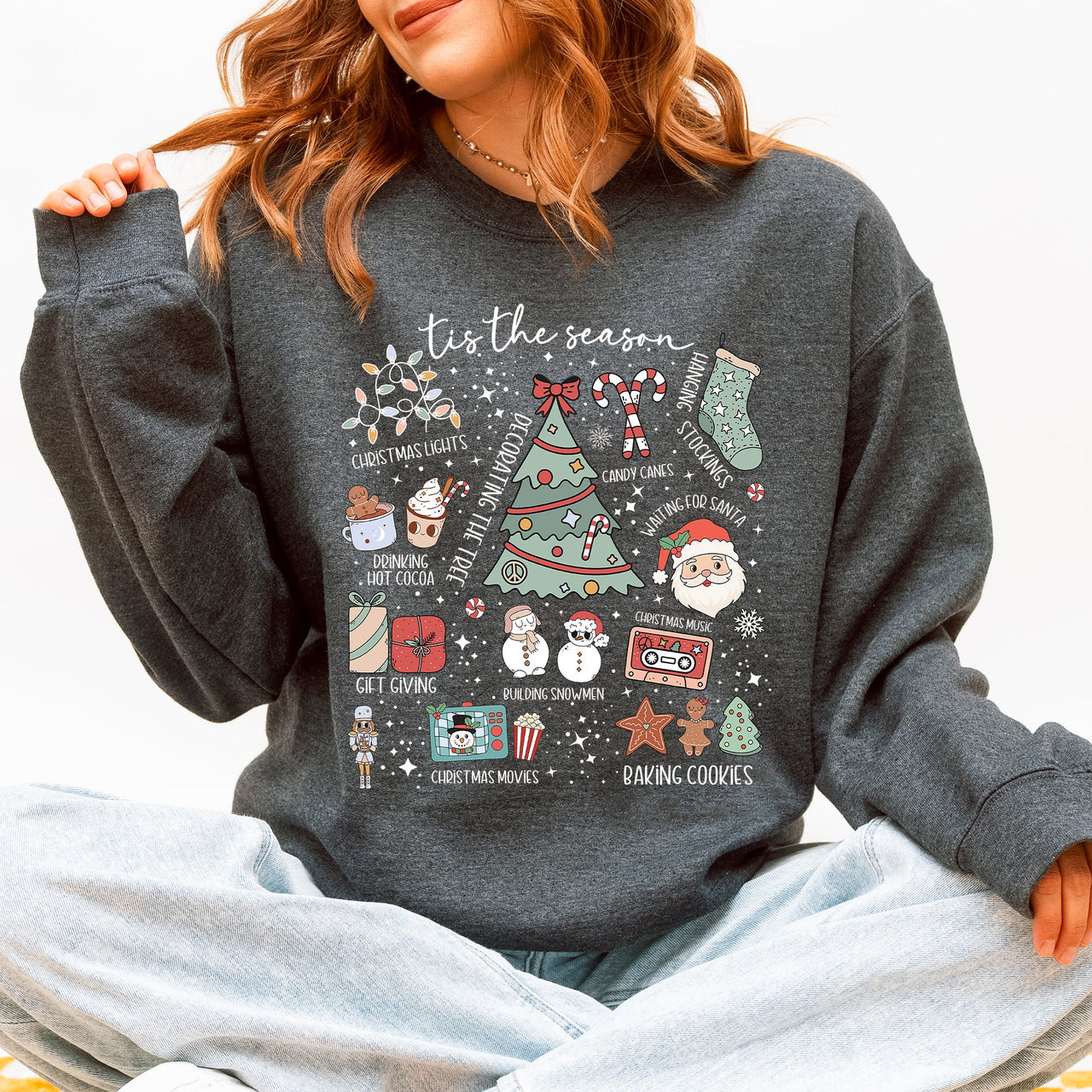 Tis The Season Christmas Santa Tree Snowman Cookies Gifts Cozy Holiday Sweatshirt