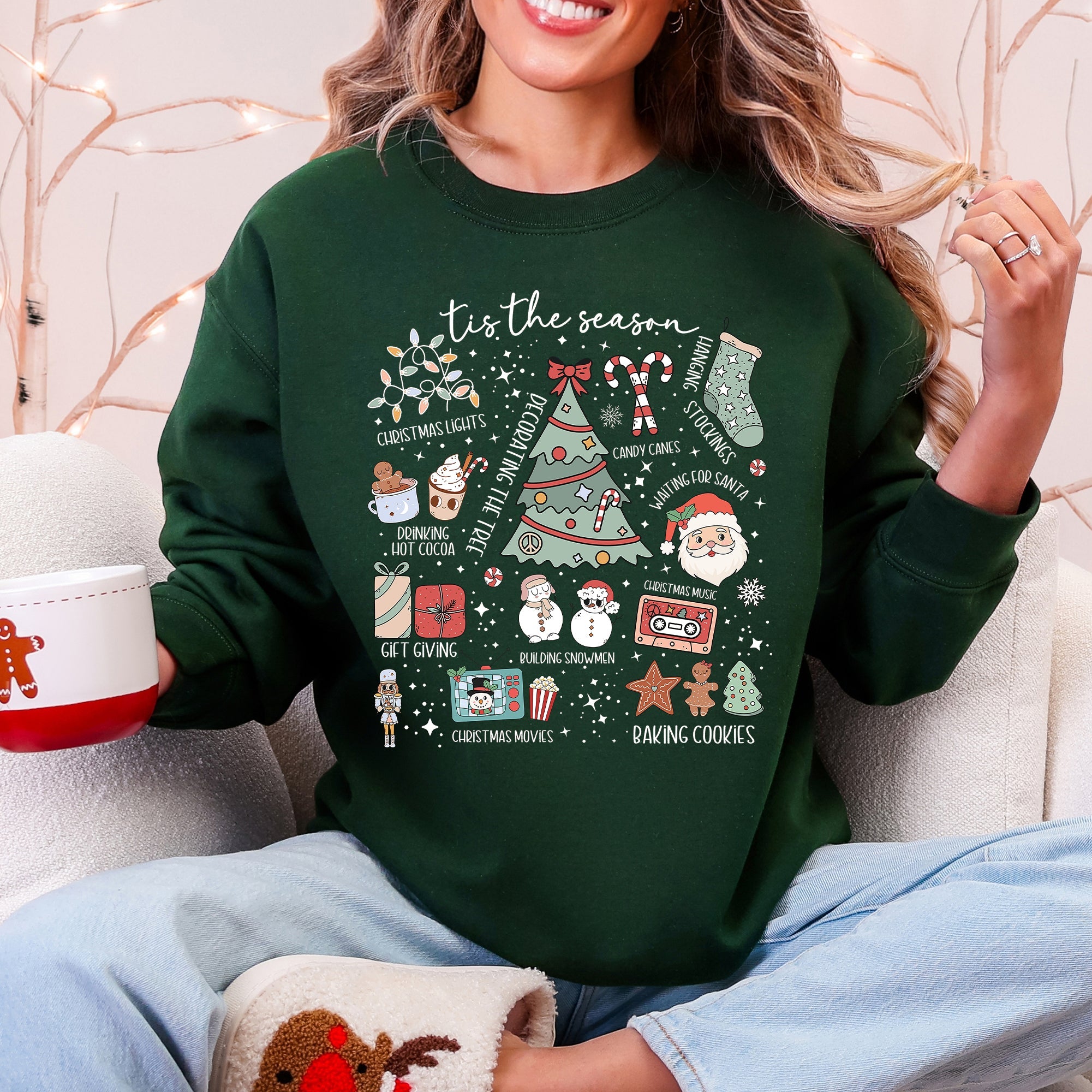 Tis The Season Christmas Santa Tree Snowman Cookies Gifts Cozy Holiday Sweatshirt