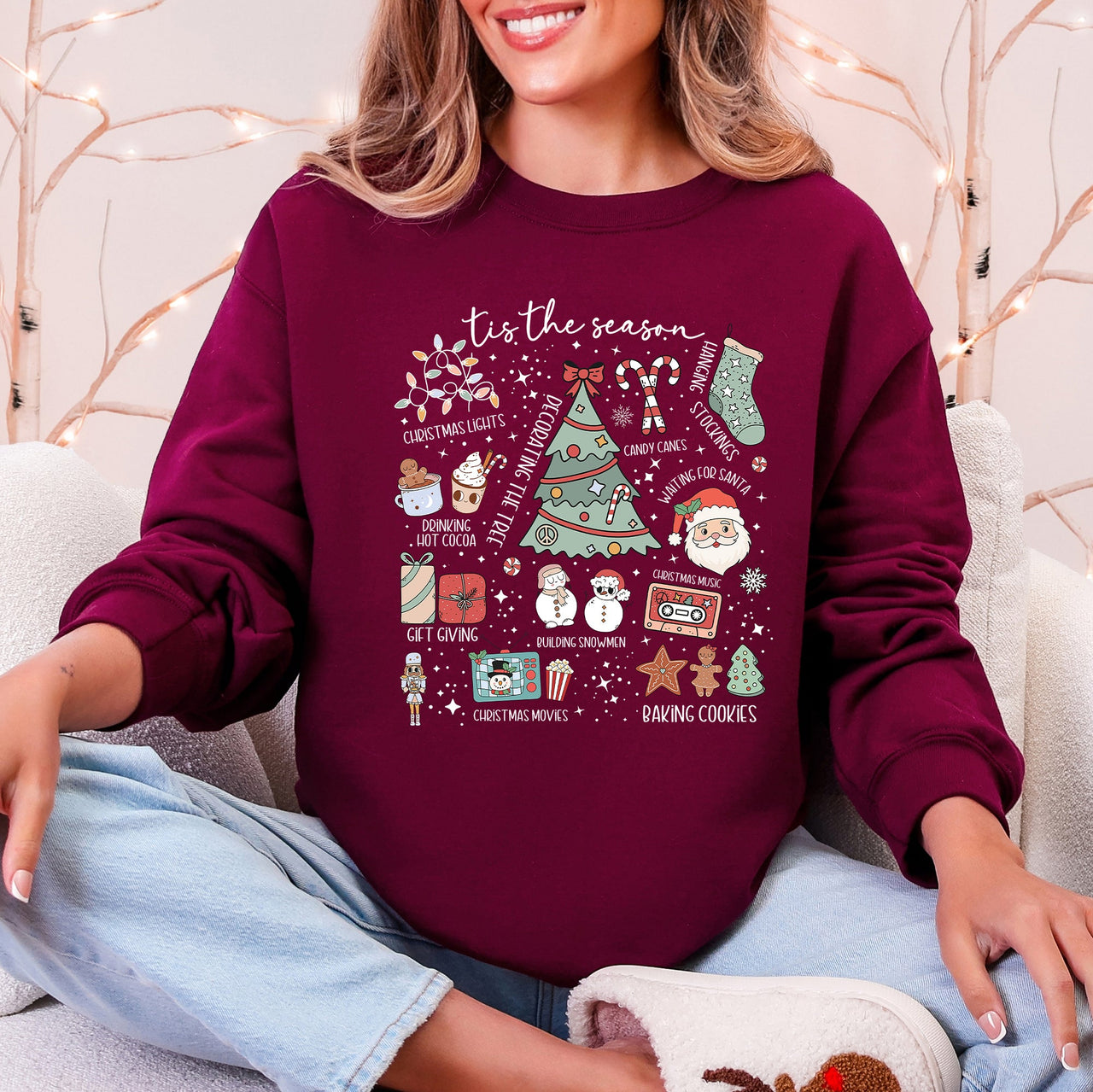 Tis The Season Christmas Santa Tree Snowman Cookies Gifts Cozy Holiday Sweatshirt