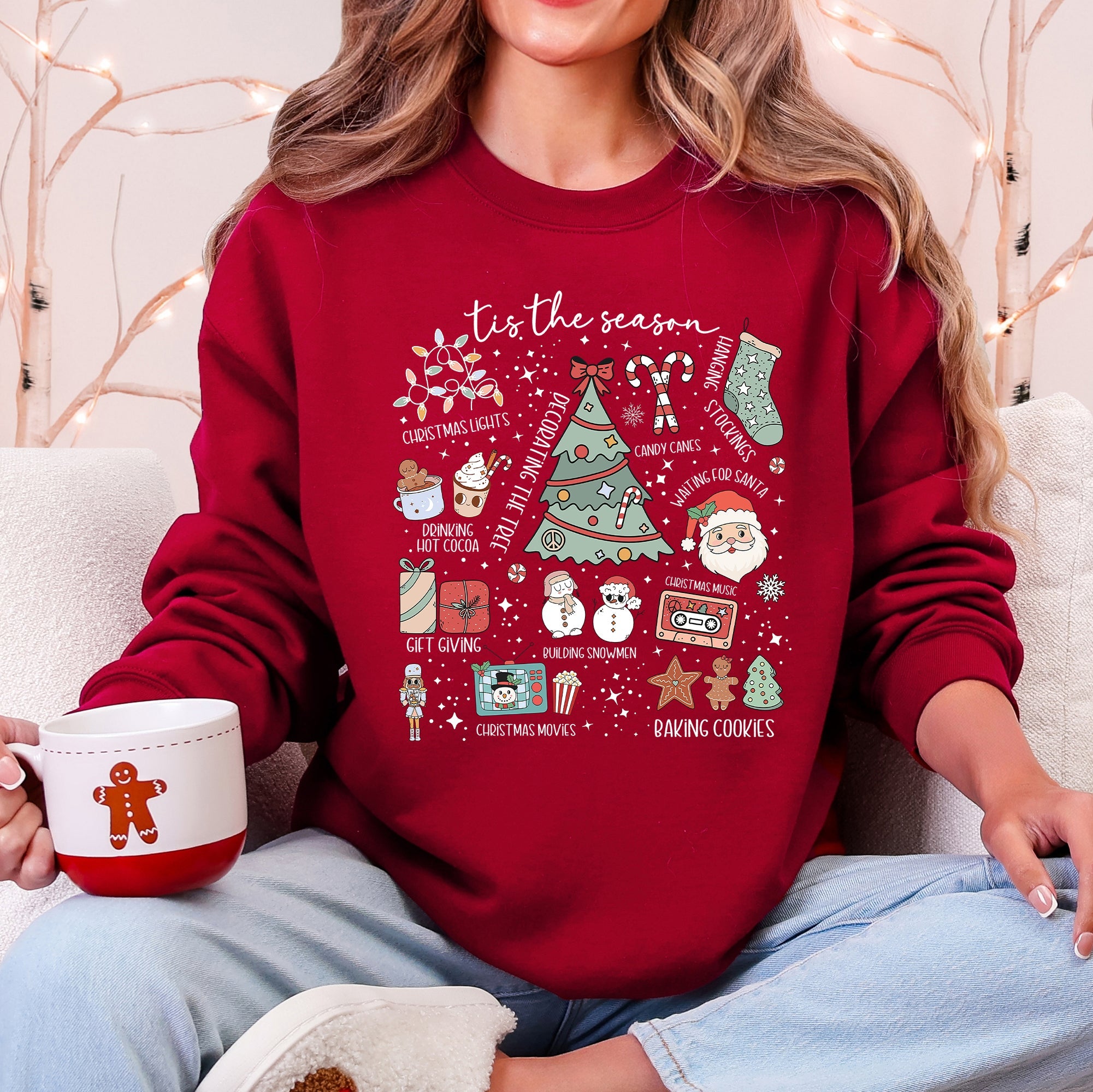 Tis The Season Christmas Santa Tree Snowman Cookies Gifts Cozy Holiday Sweatshirt