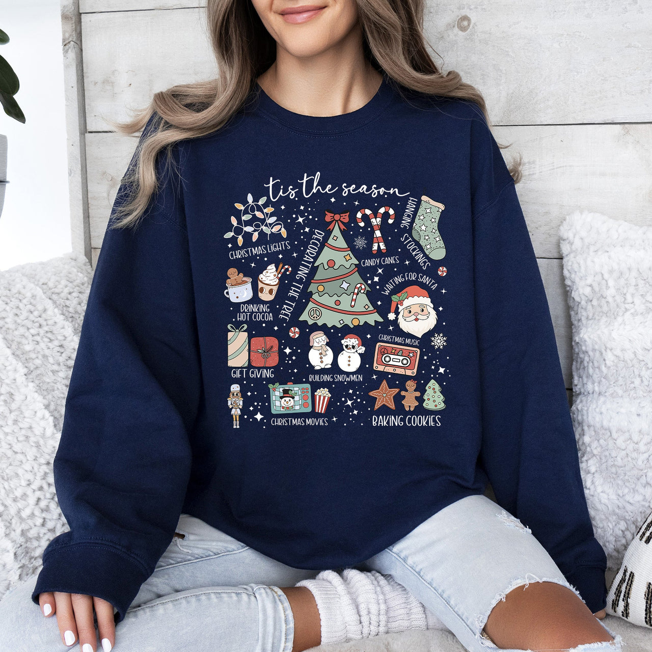 Tis The Season Christmas Santa Tree Snowman Cookies Gifts Cozy Holiday Sweatshirt