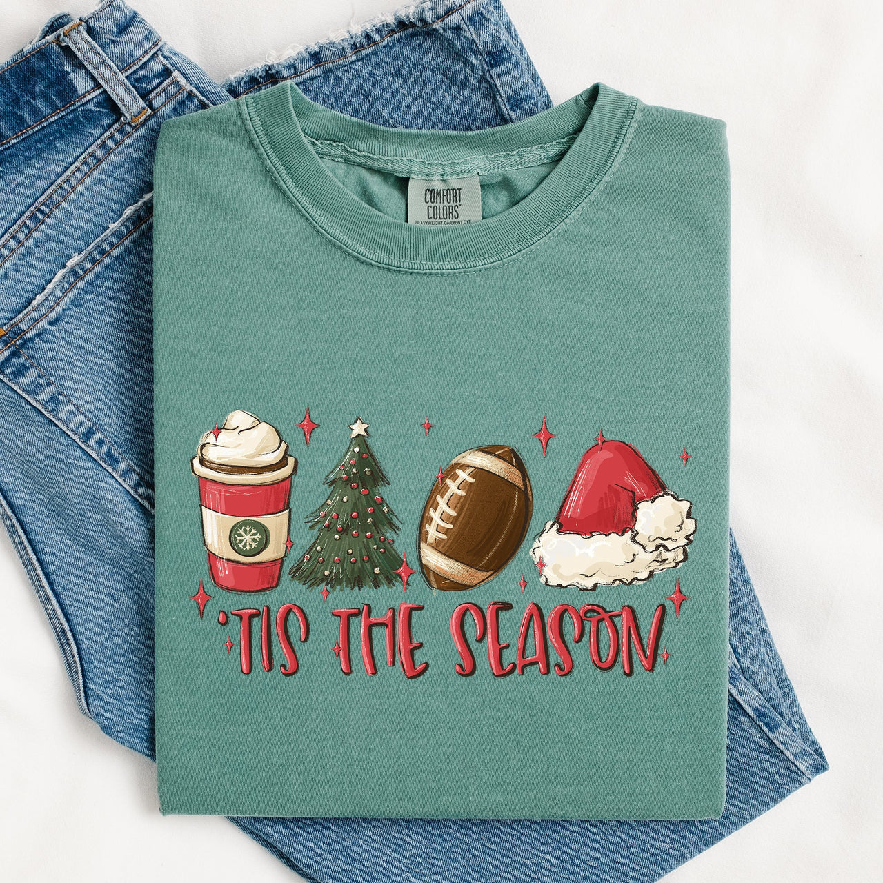 Tis The Season Christmas Football Santa Tree Coffee Winter Xmas Comfort Colors Tee