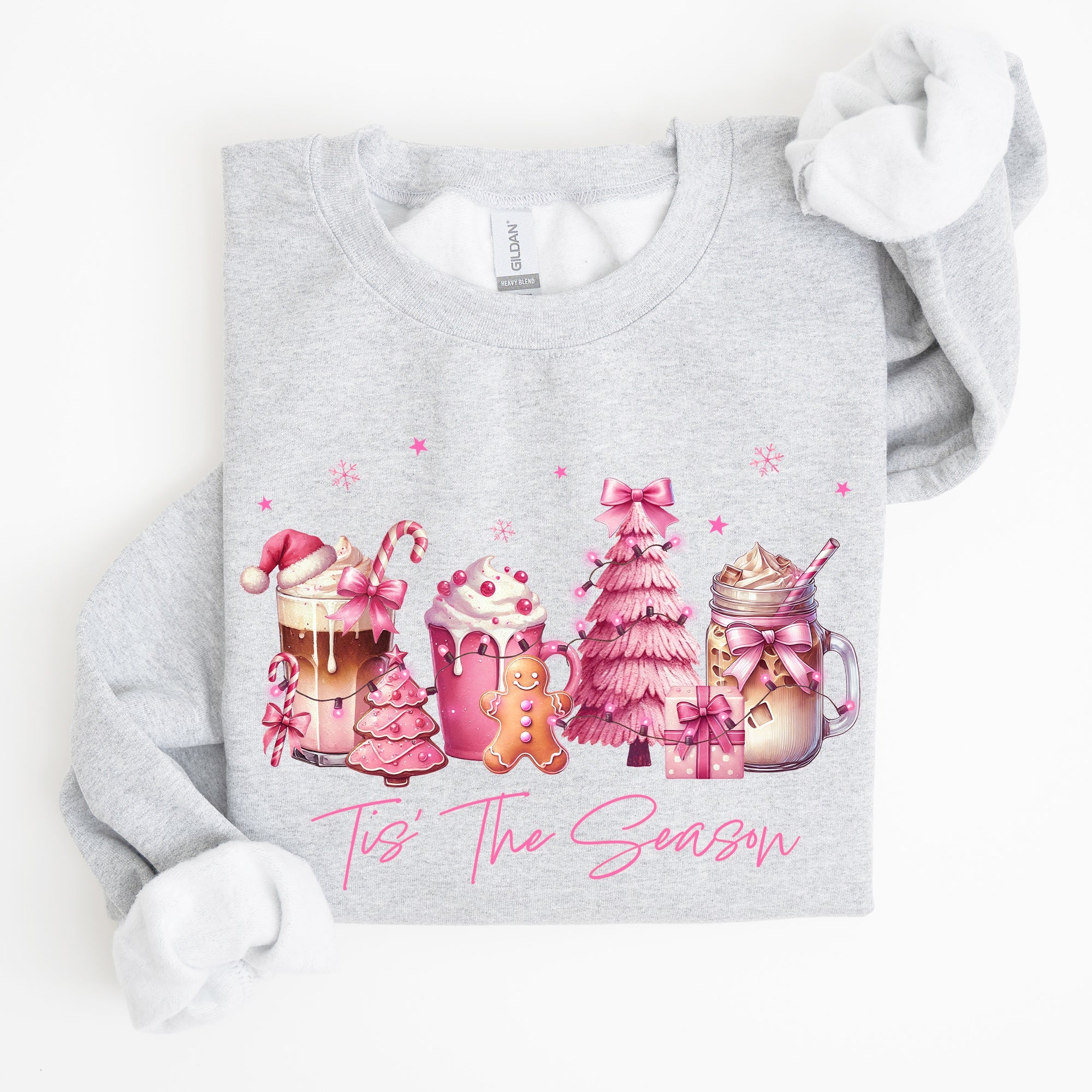 Tis The Season Coffee Drinks Pastel Christmas Pink Snow Cozy Festive Holiday Sweatshirt