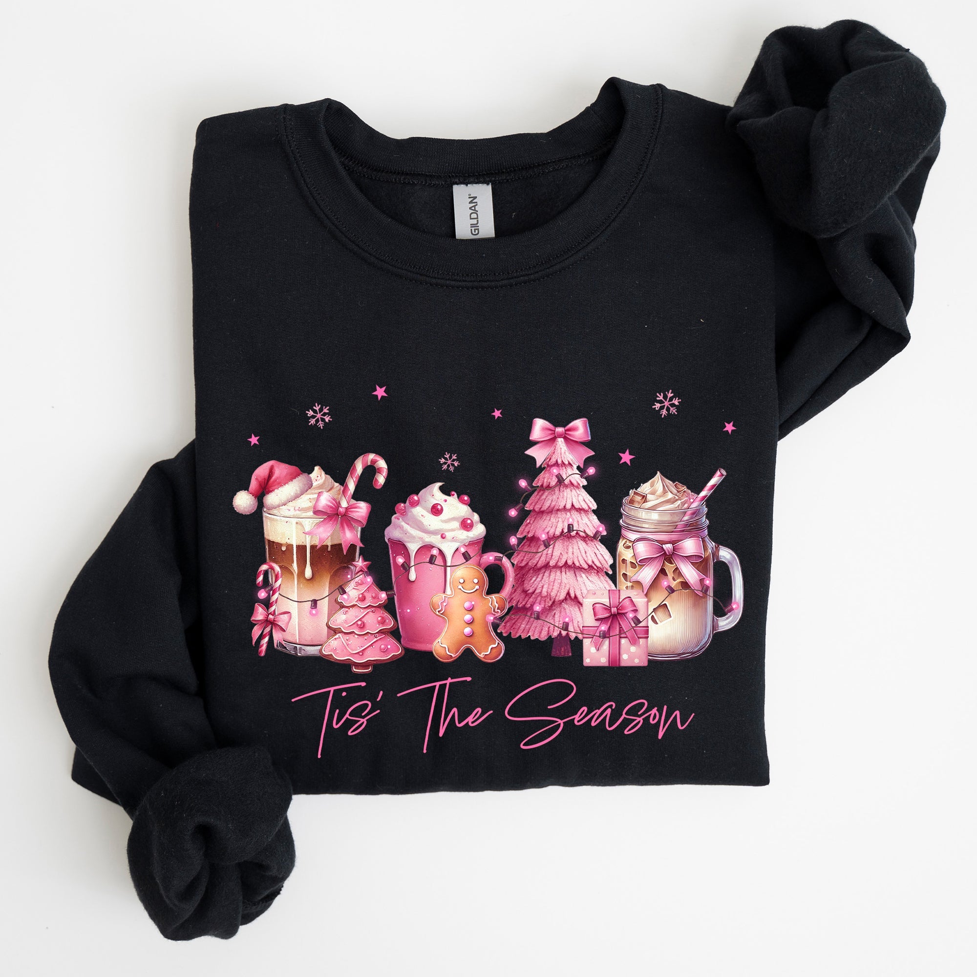 Tis The Season Coffee Drinks Pastel Christmas Pink Snow Cozy Festive Holiday Sweatshirt