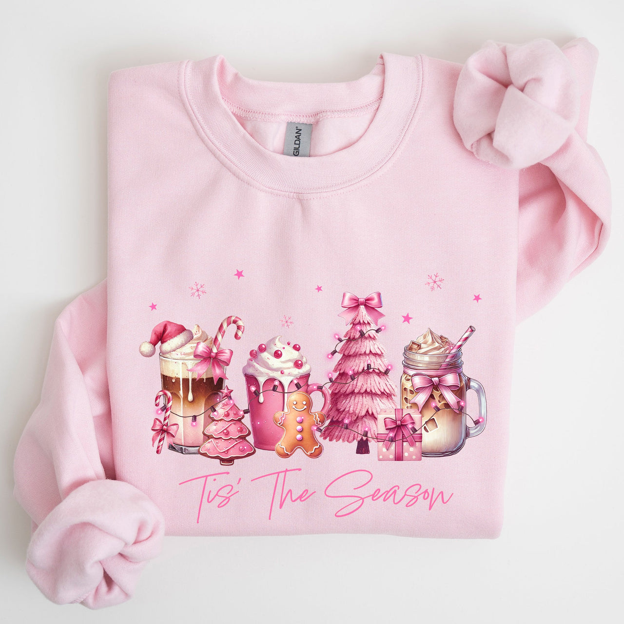 Tis The Season Coffee Drinks Pastel Christmas Pink Snow Cozy Festive Holiday Sweatshirt