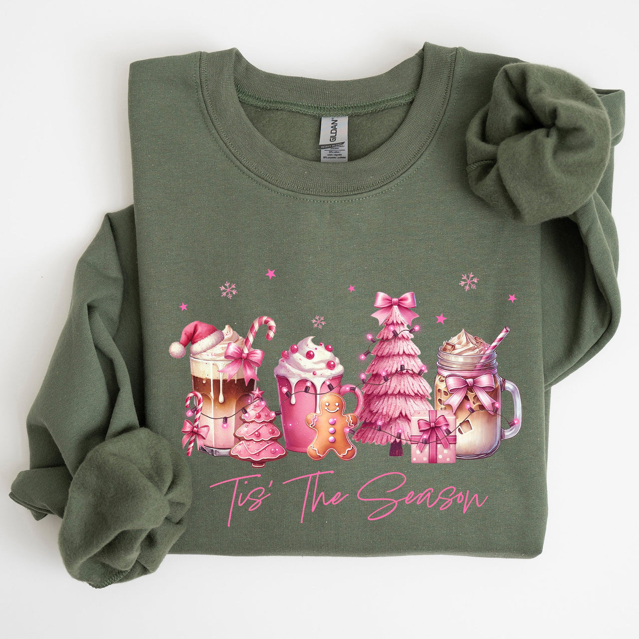 Tis The Season Coffee Drinks Pastel Christmas Pink Snow Cozy Festive Holiday Sweatshirt