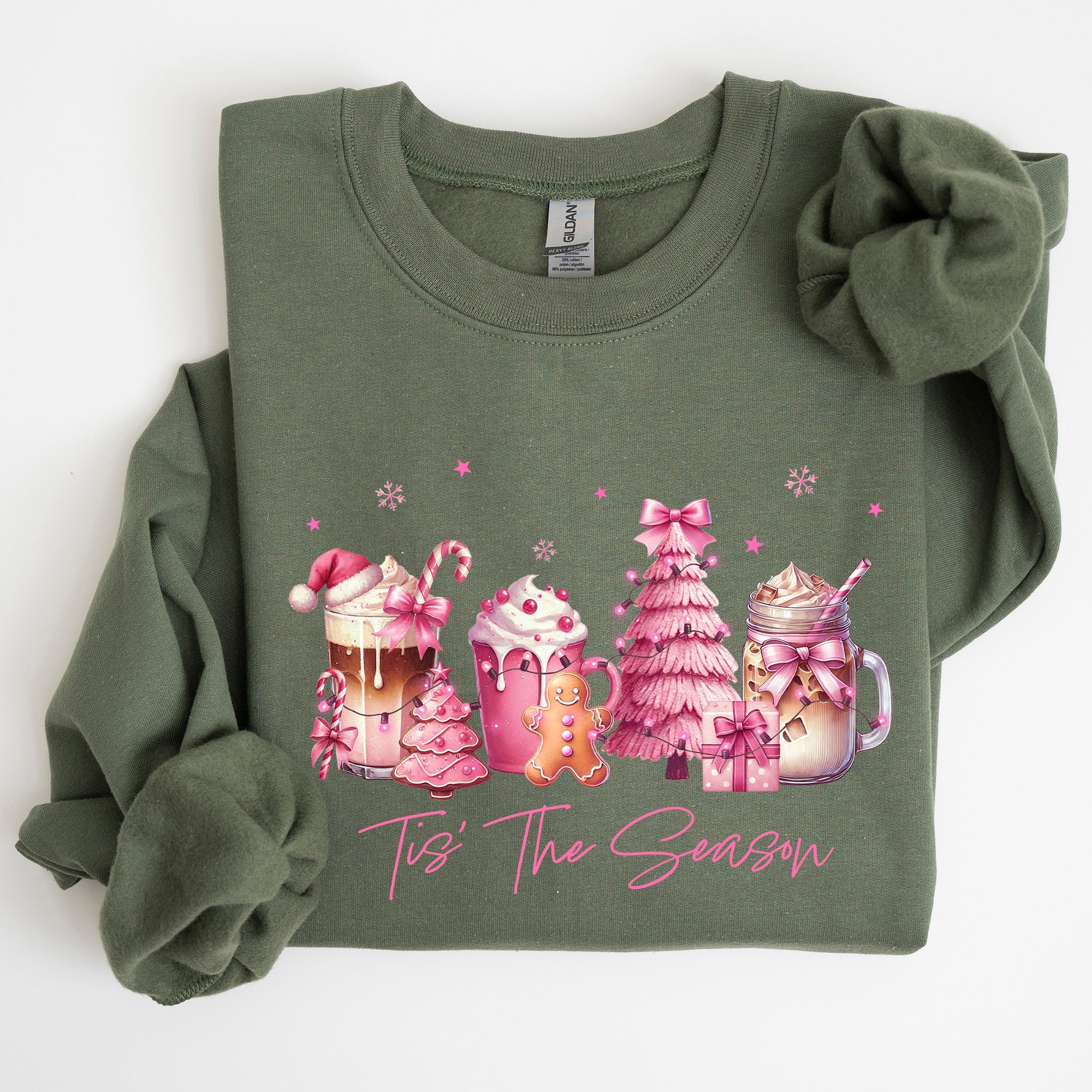 Tis The Season Coffee Drinks Pastel Christmas Pink Snow Cozy Festive Holiday Sweatshirt