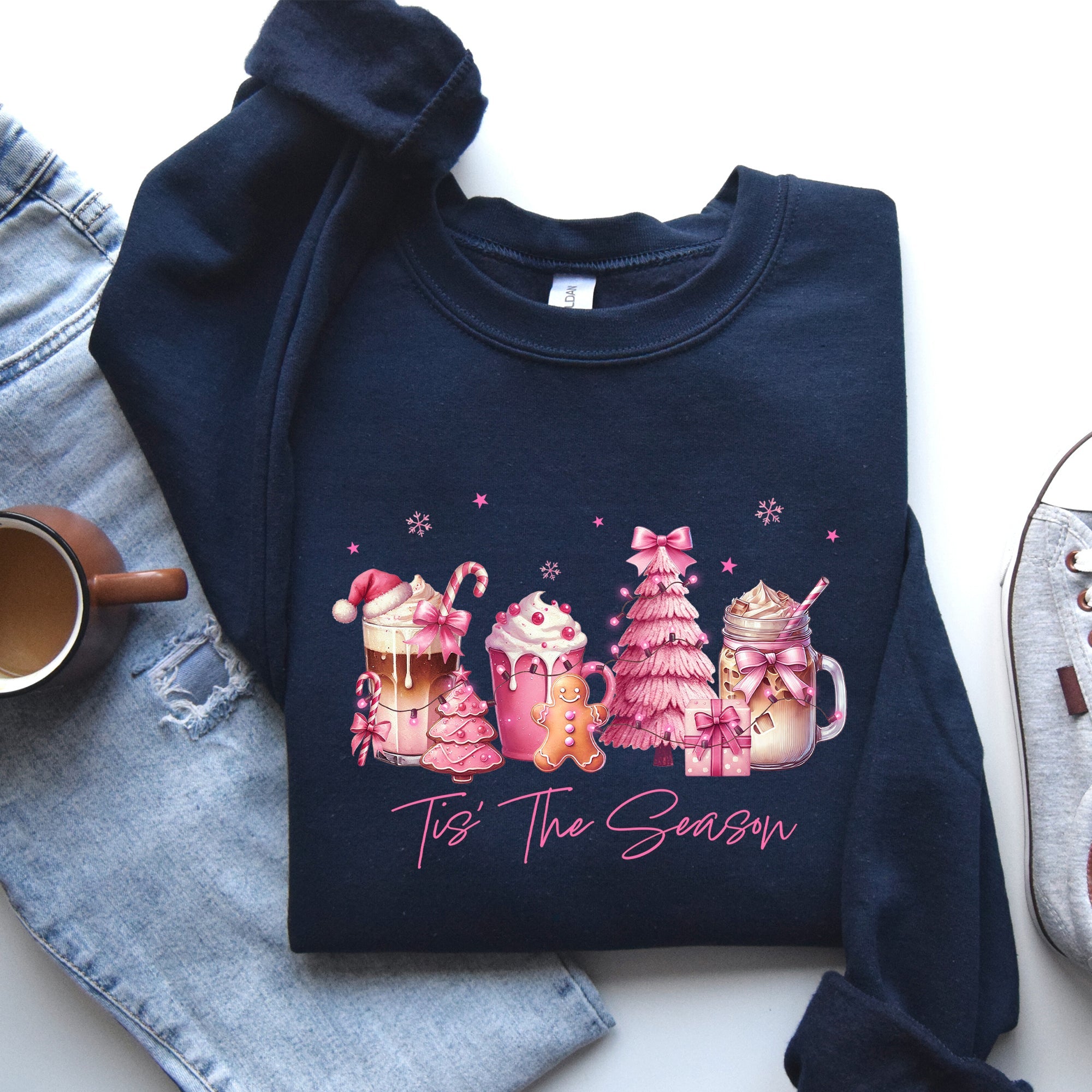 Tis The Season Coffee Drinks Pastel Christmas Pink Snow Cozy Festive Holiday Sweatshirt