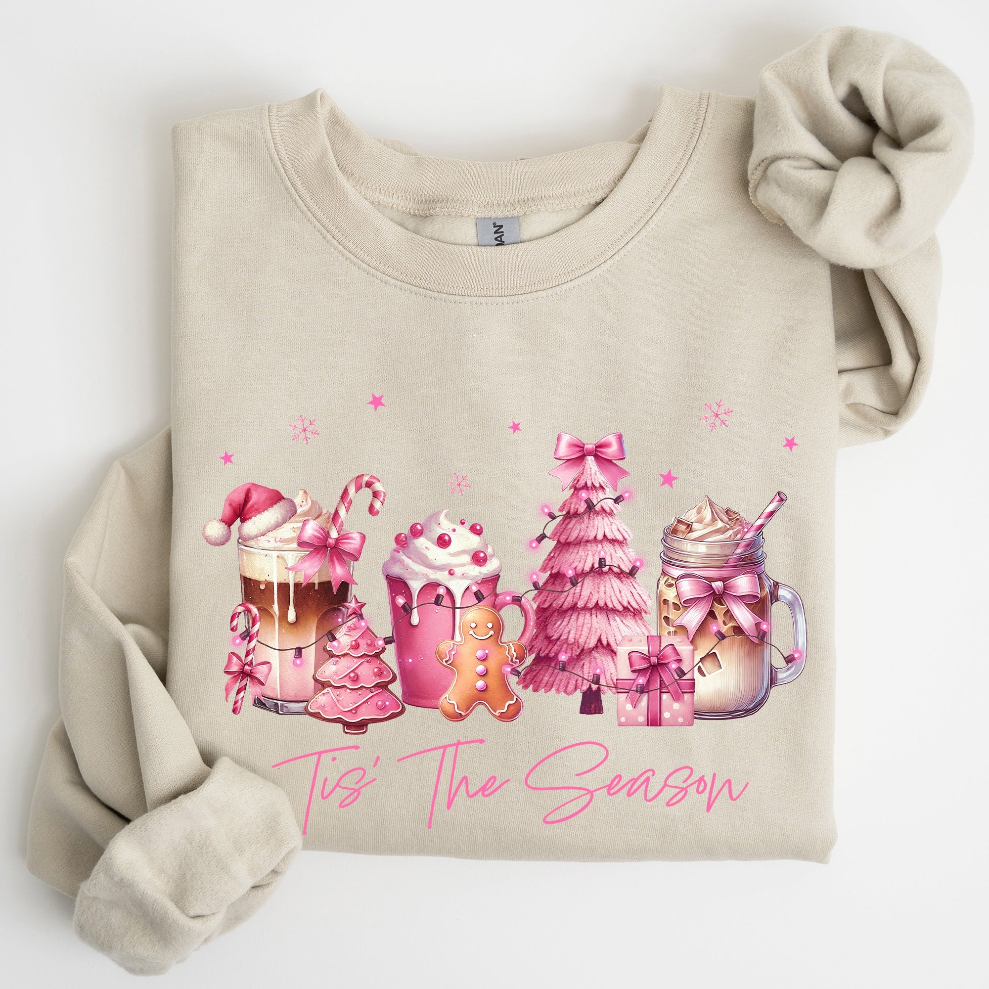 Tis The Season Coffee Drinks Pastel Christmas Pink Snow Cozy Festive Holiday Sweatshirt