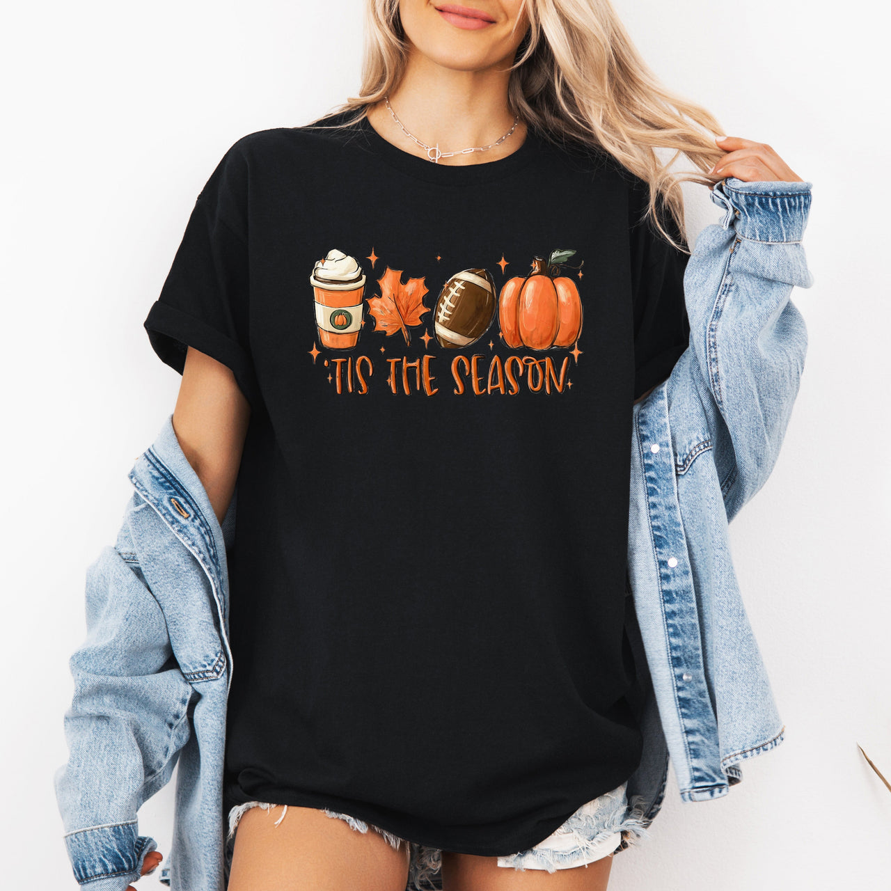 Tis The Season Football Game Day Pumpkin Coffee Autumn Fall Seasonal Graphic Tee