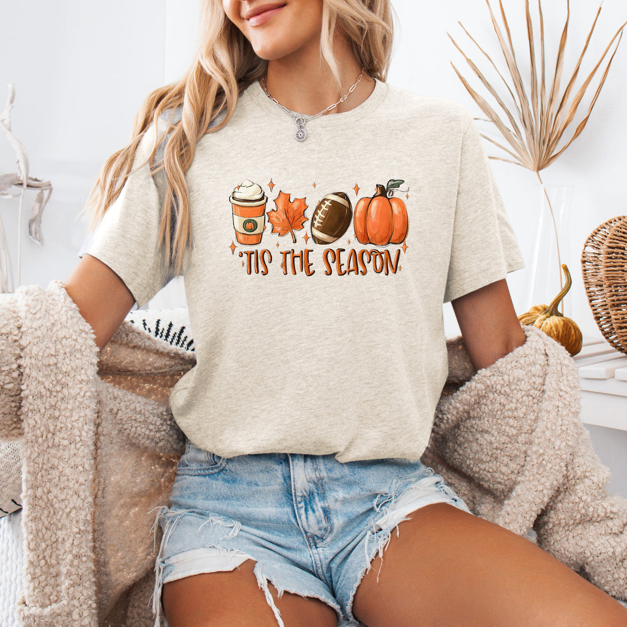 Tis The Season Football Game Day Pumpkin Coffee Autumn Fall Seasonal Graphic Tee