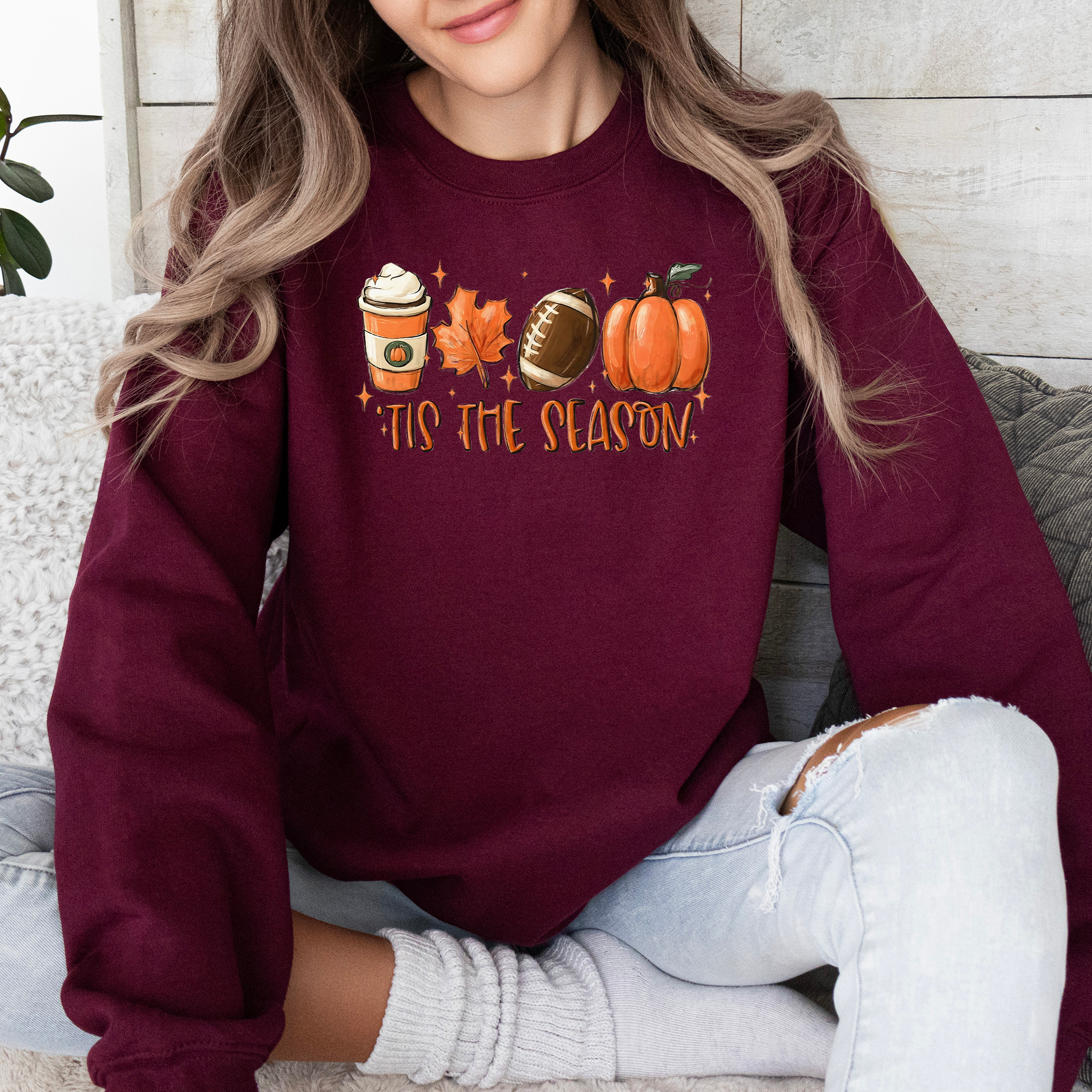 Tis The Season Football Game Day Pumpkin Coffee Autumn Fall Cozy Weather Sweatshirt