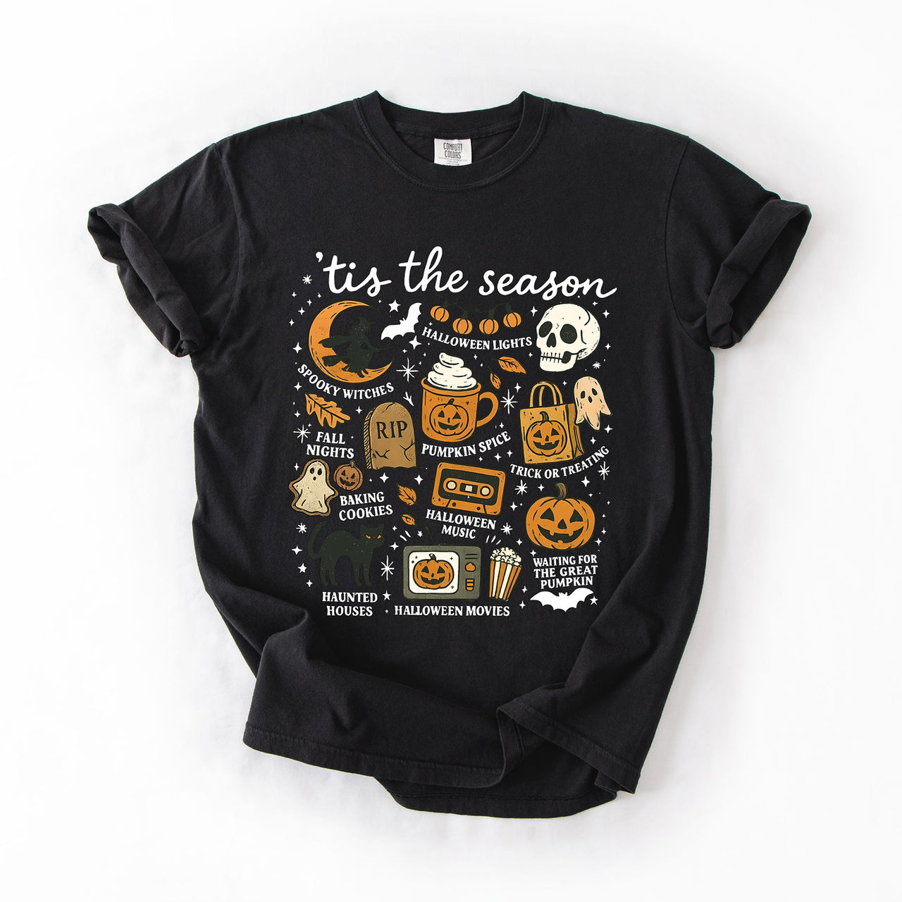 Tis The Season Halloween Skeleton Black Cat Witch Ghost Pumpkin Comfort Colors Tee