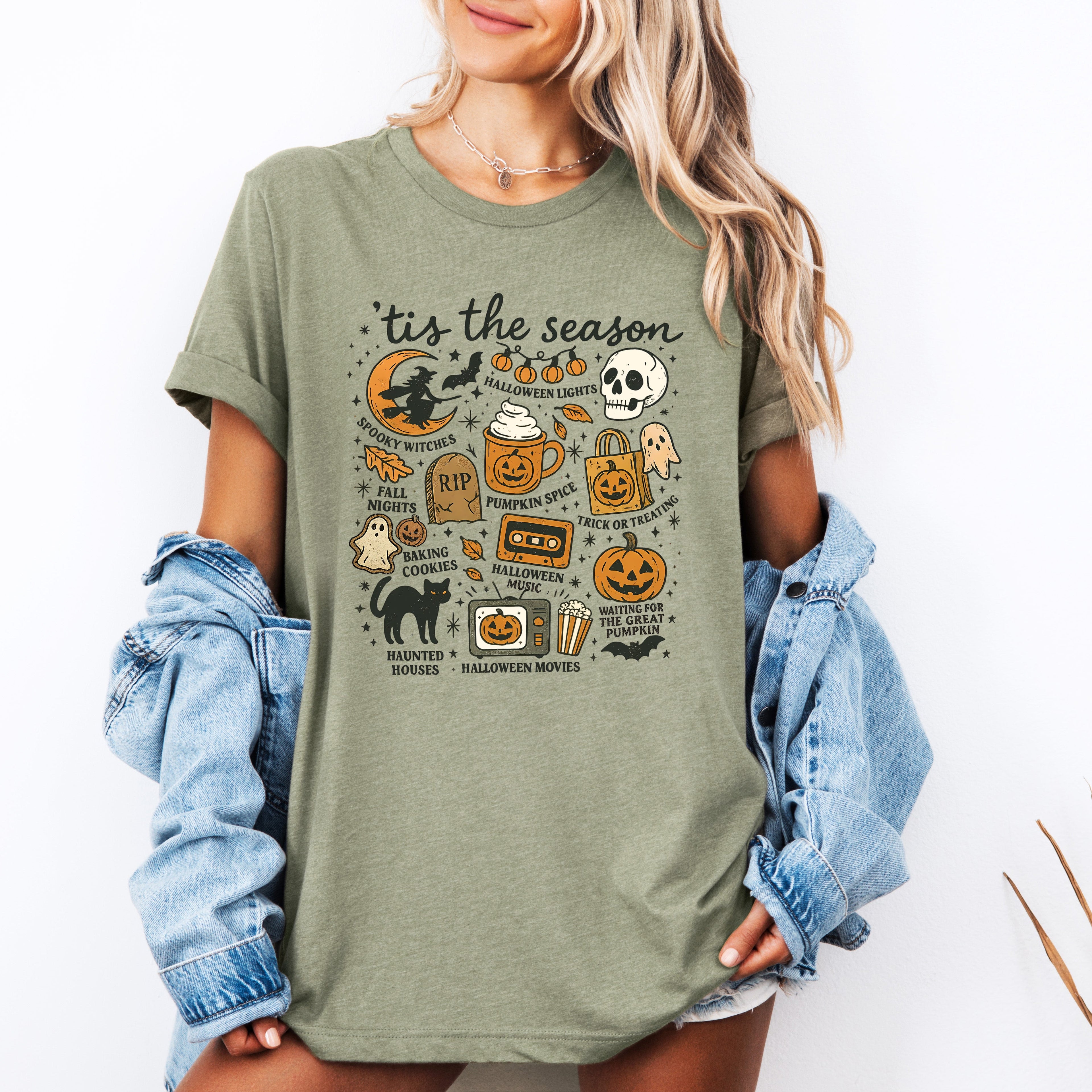 Tis The Season Halloween Skeleton Black Cat Witch Ghost Pumpkin Festive Graphic Tee