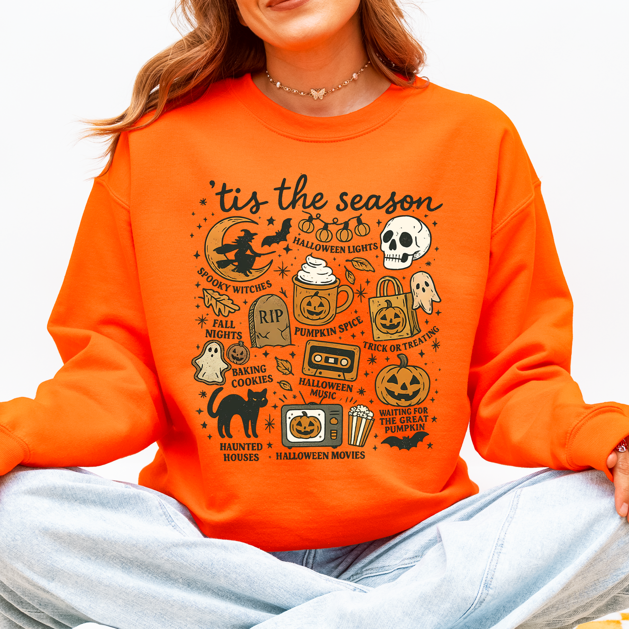 Tis The Season Halloween Skeleton Black Cat Witch Ghost Pumpkin Spooky Sweatshirt