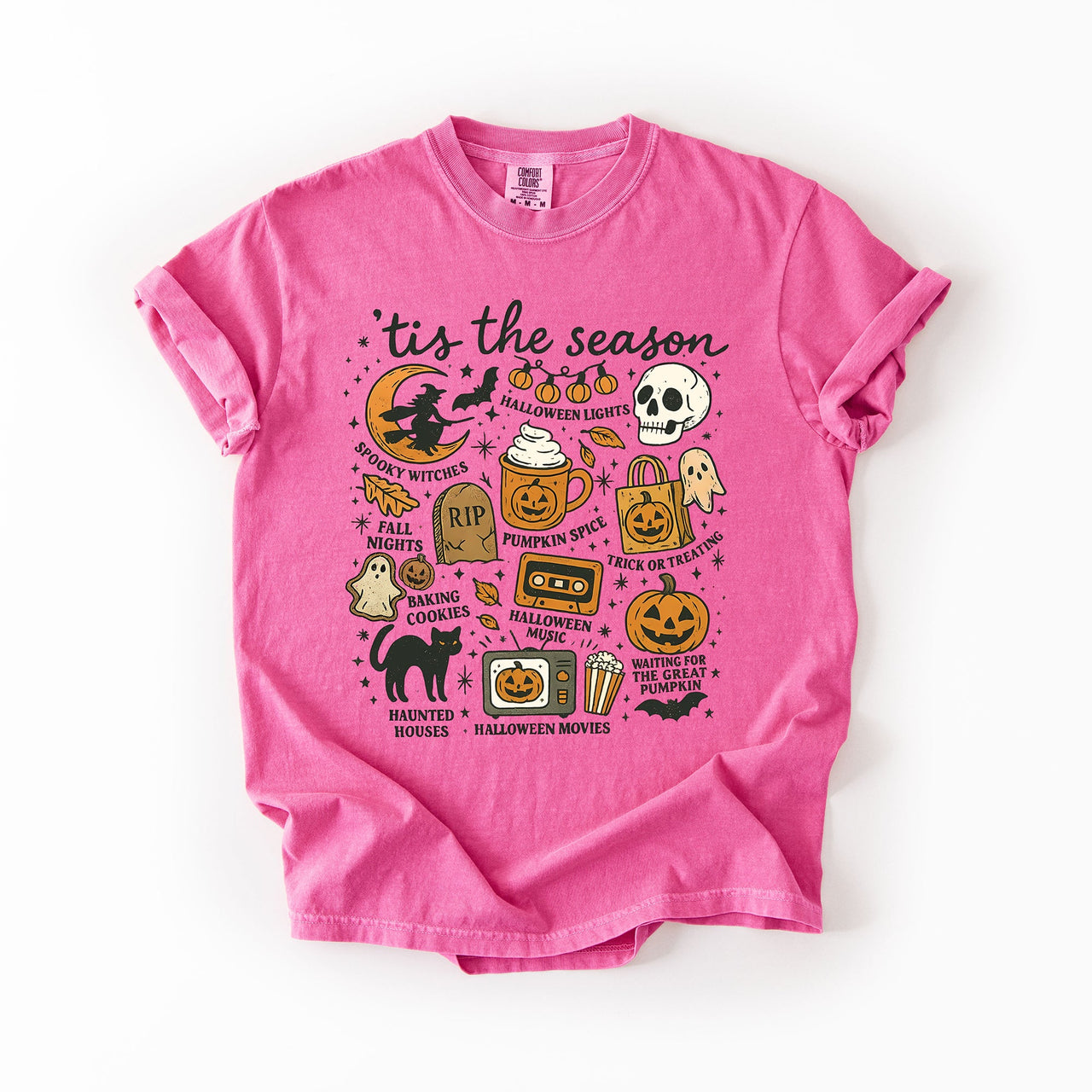 Tis The Season Halloween Skeleton Black Cat Witch Ghost Pumpkin Comfort Colors Tee