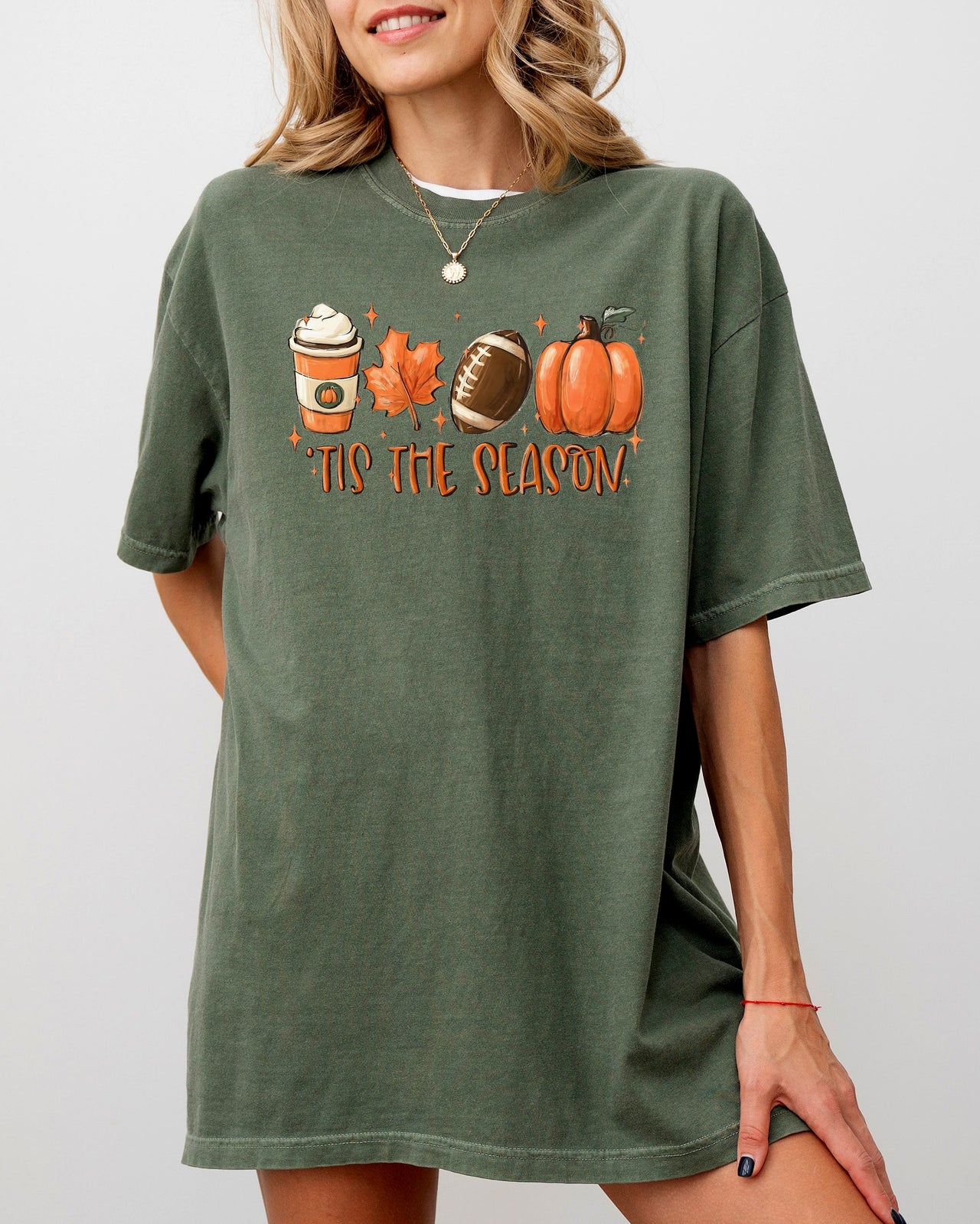 Tis The Season Pumpkin Spice Latte Football Leaves Coffee Autumn Fall Comfort Colors Tee