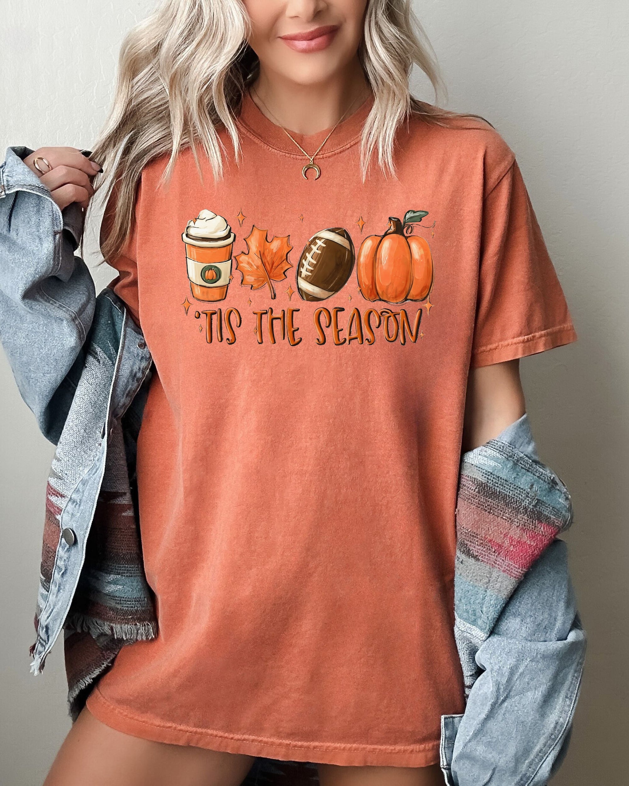 Tis The Season Pumpkin Spice Latte Football Leaves Coffee Autumn Fall Comfort Colors Tee