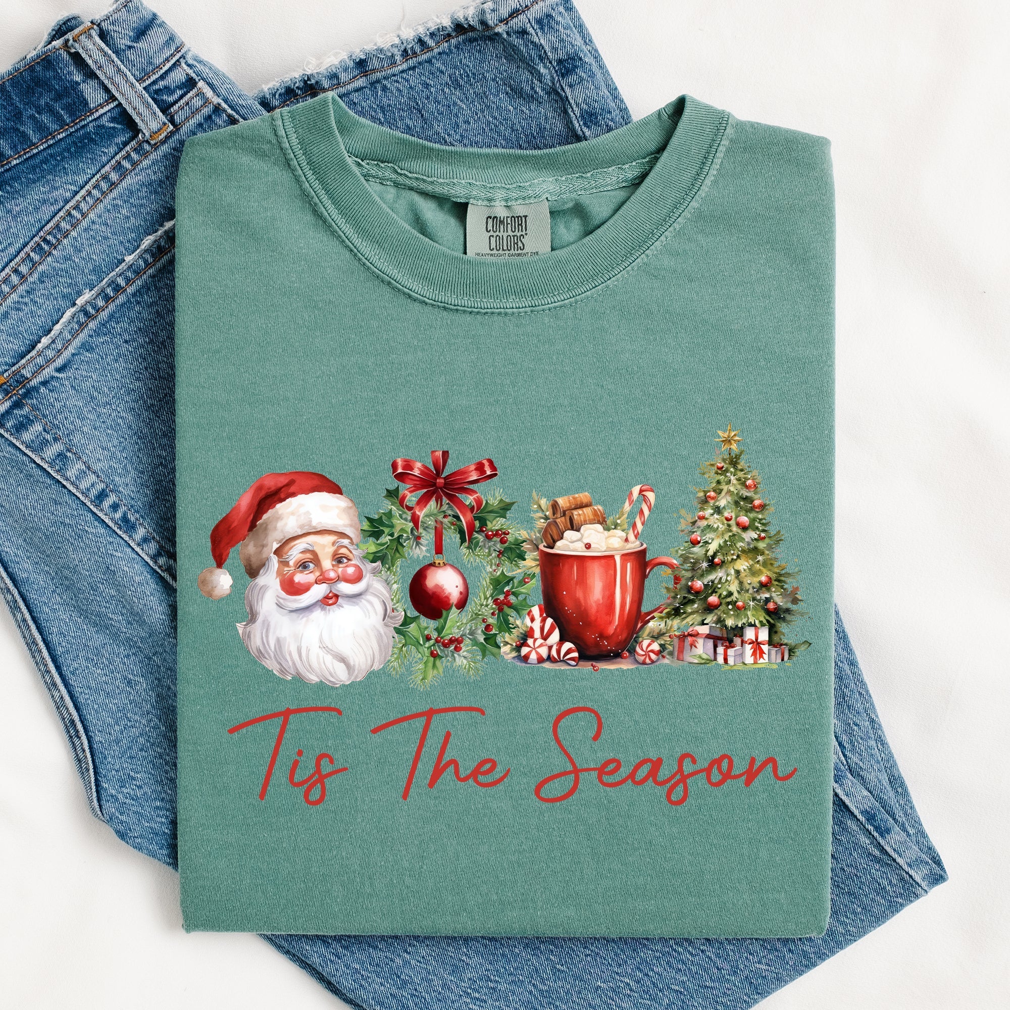 Tis The Season Retro Santa Coffee Christmas Tree Xmas Holiday Edition Comfort Colors Tee